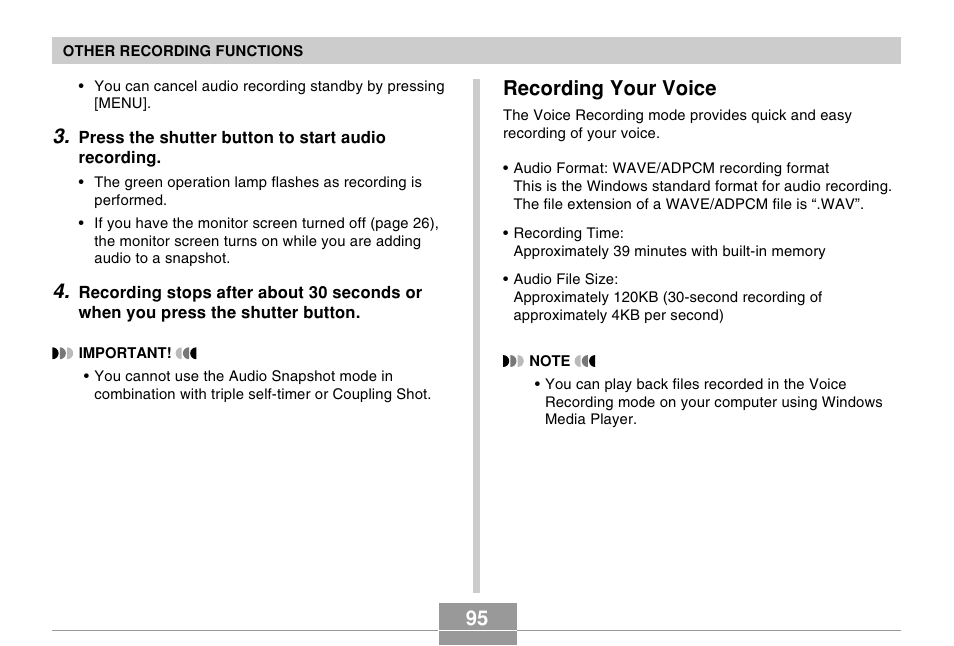 Recording your voice | Casio EX-Z50 User Manual | Page 95 / 208