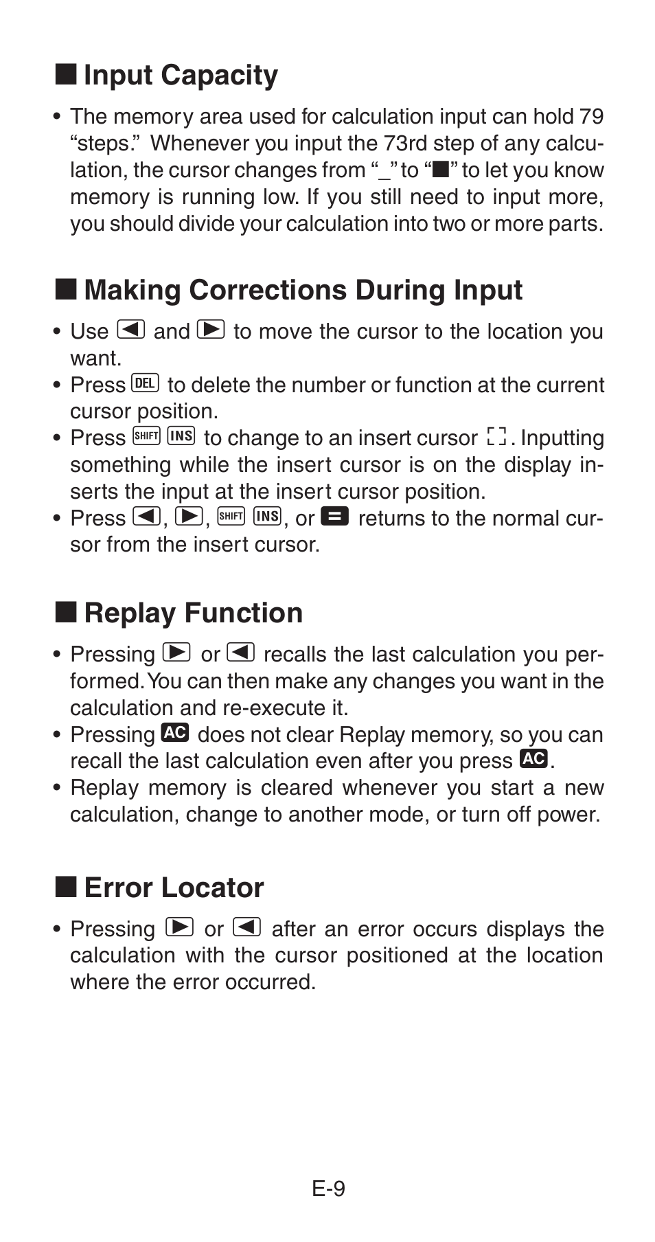 K input capacity, K making corrections during input, K replay function | K error locator | Casio fx-85WA User Manual | Page 11 / 36