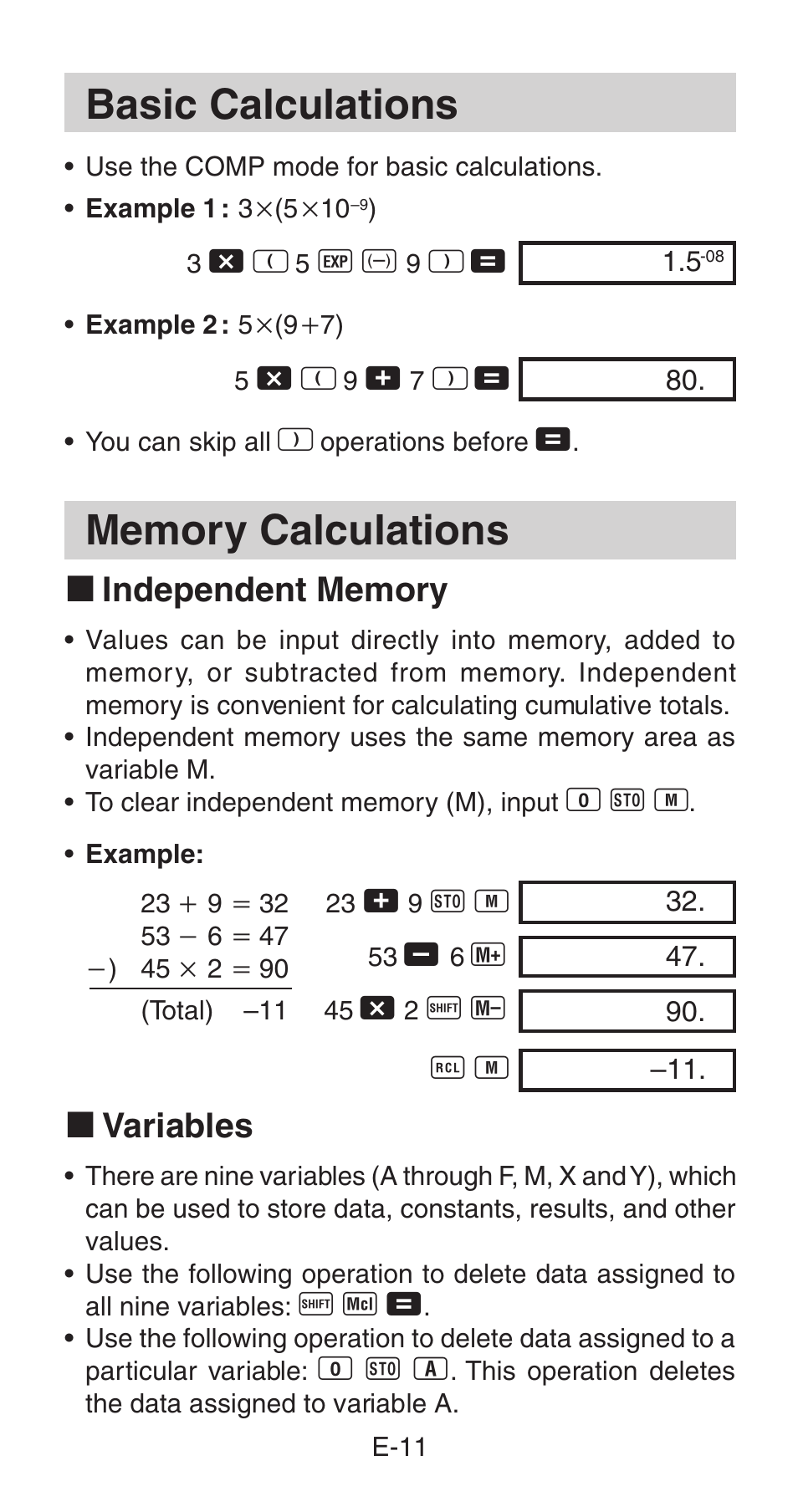 Basic calculations, K variables | Casio fx-85WA User Manual | Page 13 / 36