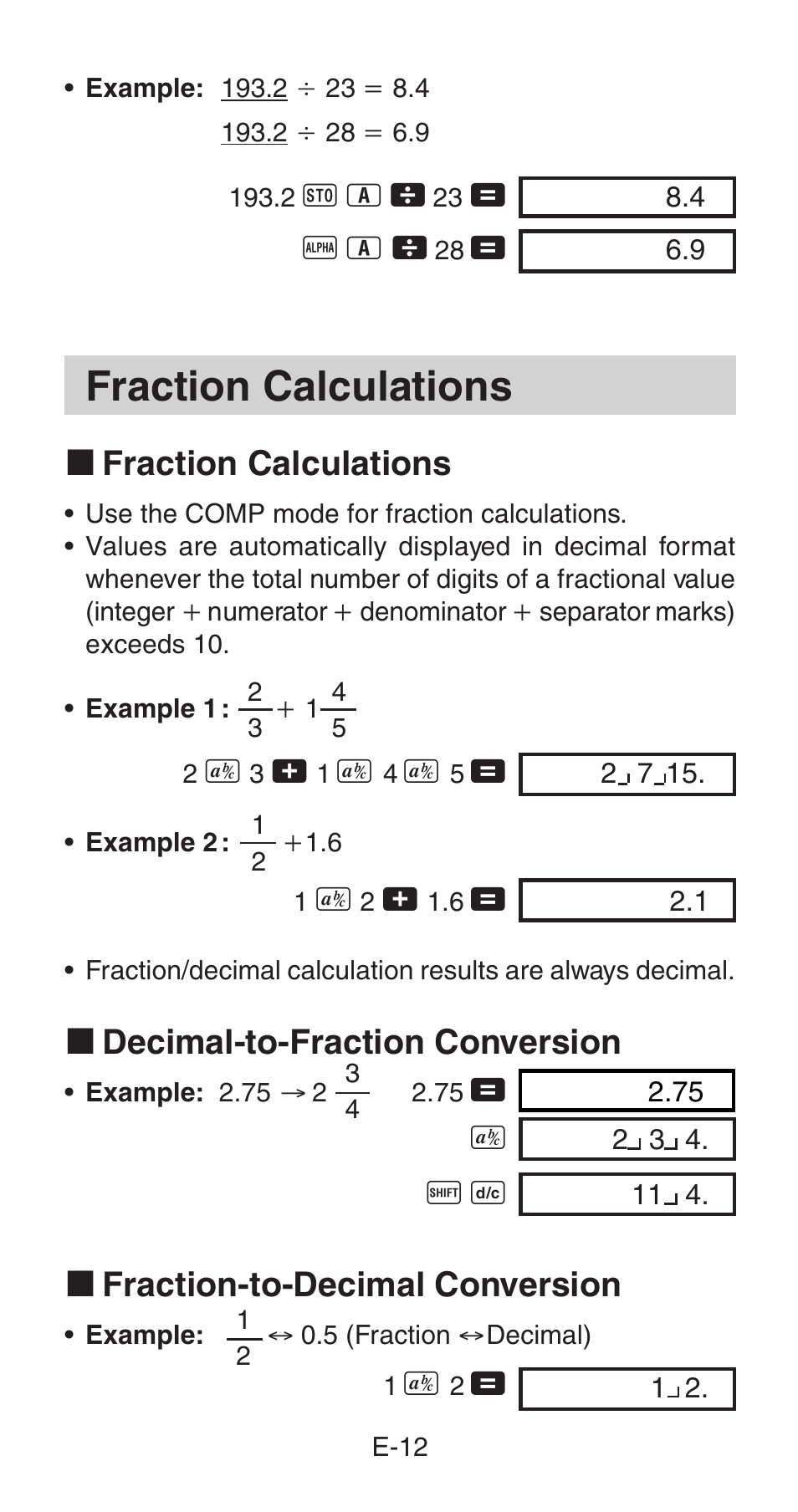Fraction calculations, K fraction calculations, K decimal-to-fraction conversion | K fraction-to-decimal conversion | Casio fx-85WA User Manual | Page 14 / 36