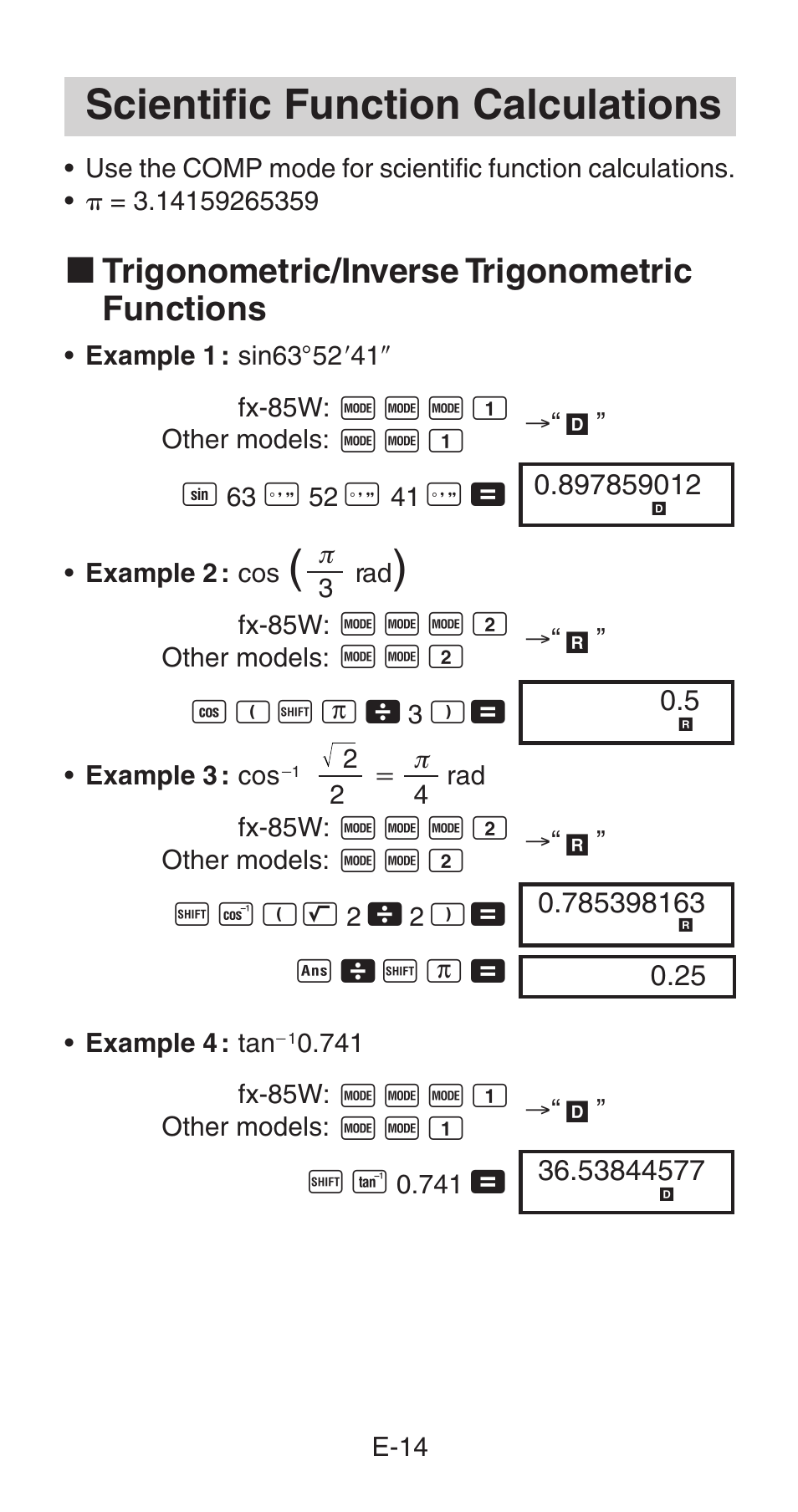 Scientific function calculations, K trigonometric/inverse trigonometric functions | Casio fx-85WA User Manual | Page 16 / 36