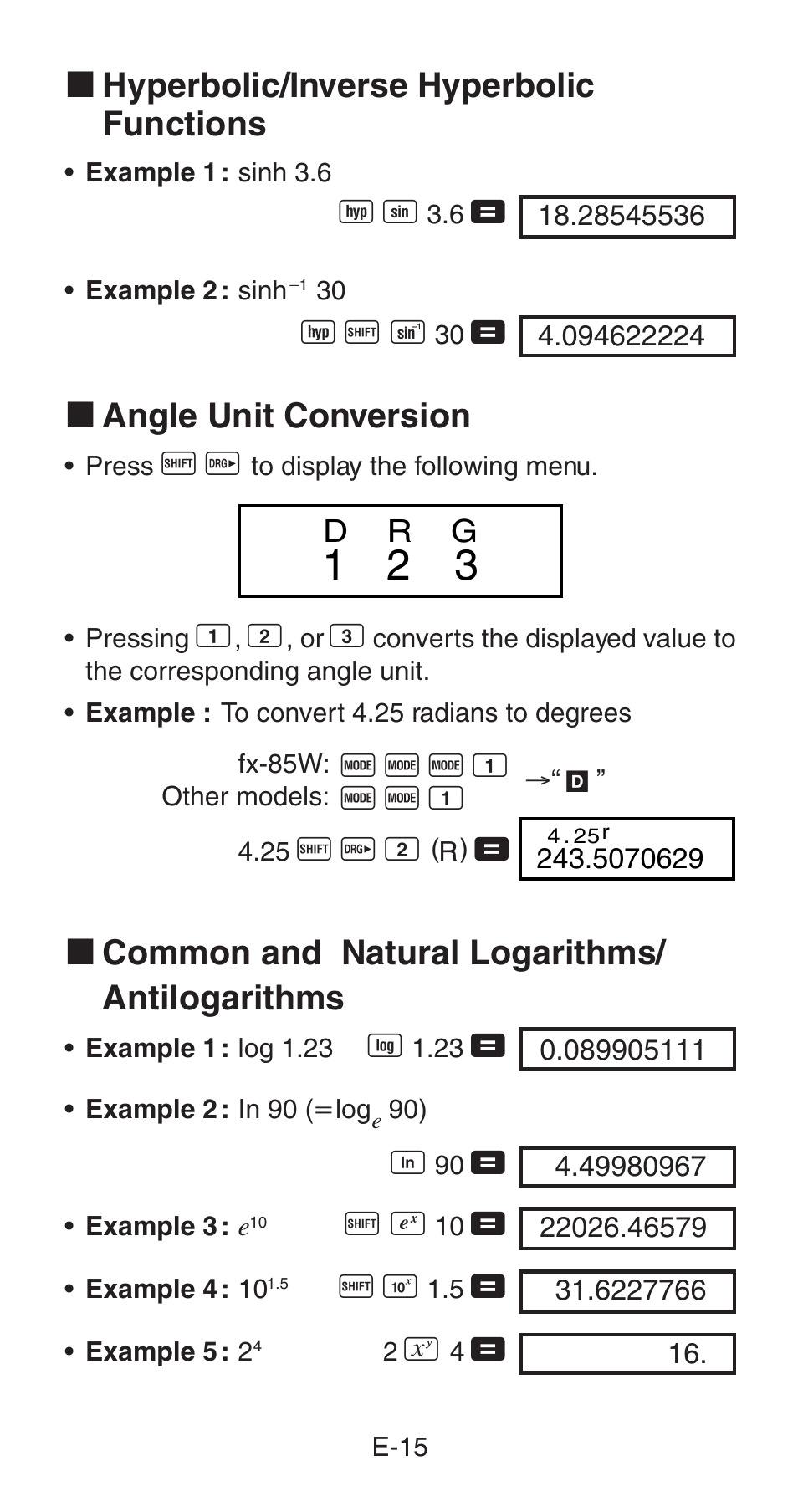 K hyperbolic/inverse hyperbolic functions, K angle unit conversion, K common and natural logarithms/ antilogarithms | Casio fx-85WA User Manual | Page 17 / 36