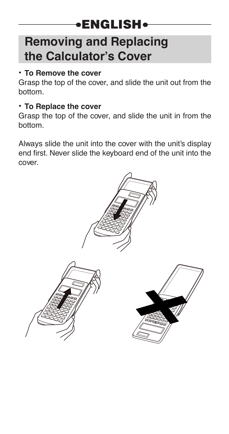 Removing and replacing the calculator’s cover, English | Casio fx-85WA User Manual | Page 2 / 36