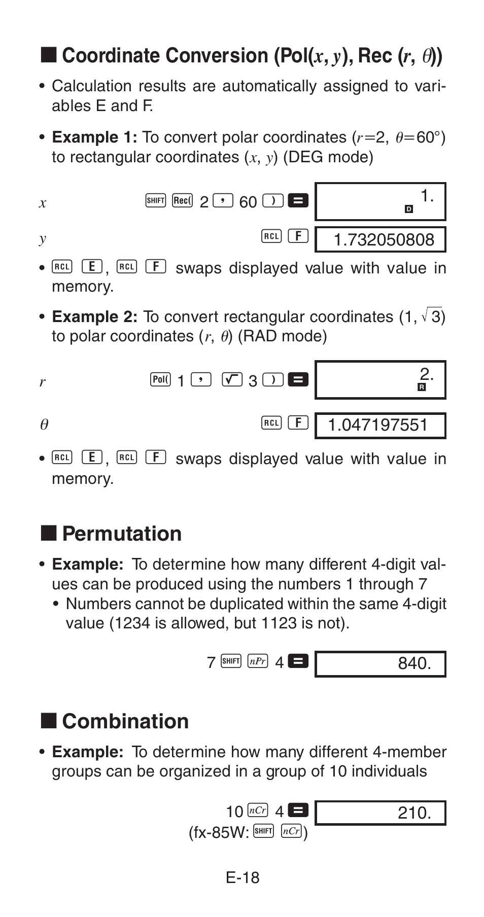 K permutation, K combination | Casio fx-85WA User Manual | Page 20 / 36