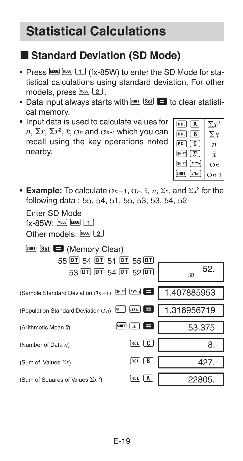 Statistical calculations, K standard deviation (sd mode) | Casio fx-85WA User Manual | Page 21 / 36