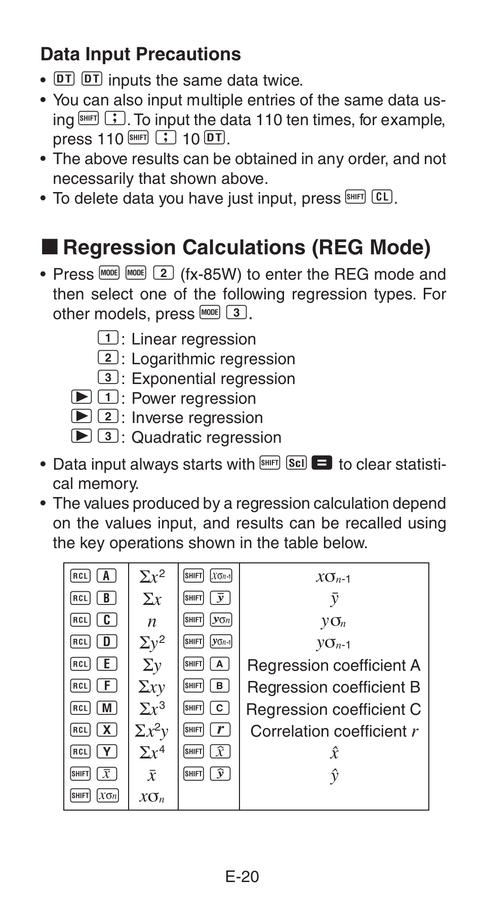 K regression calculations (reg mode) | Casio fx-85WA User Manual | Page 22 / 36