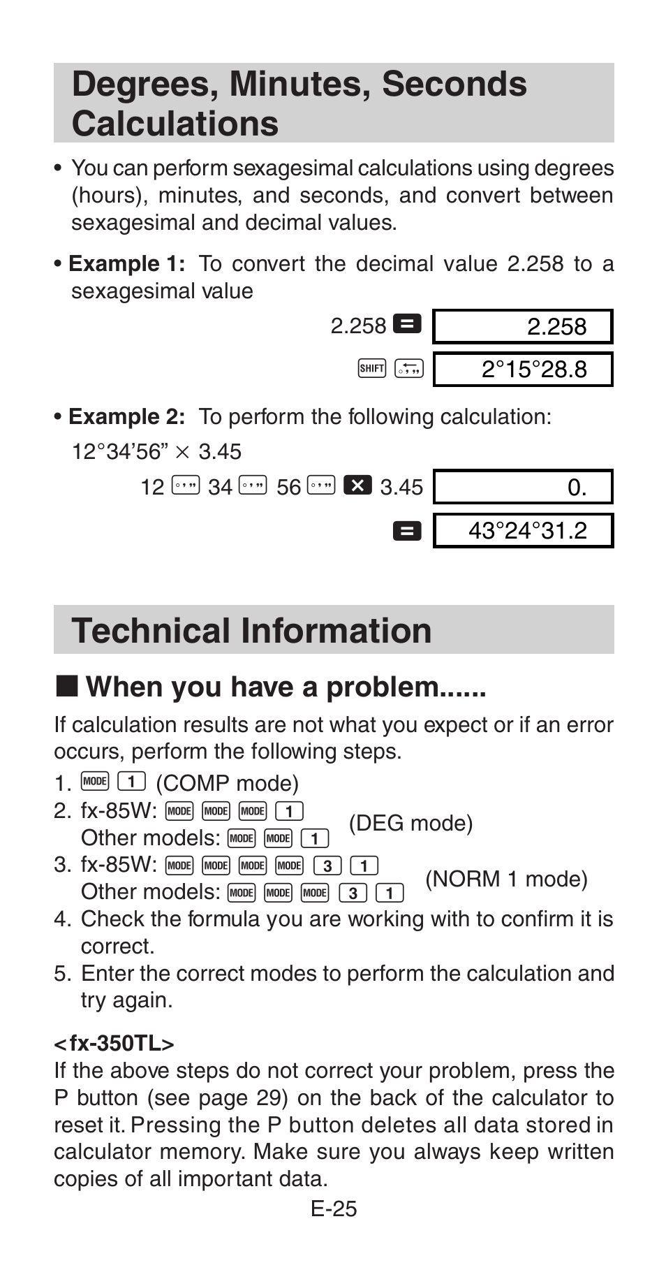 Degrees, minutes, seconds calculations, Technical information, K when you have a problem | Casio fx-85WA User Manual | Page 27 / 36