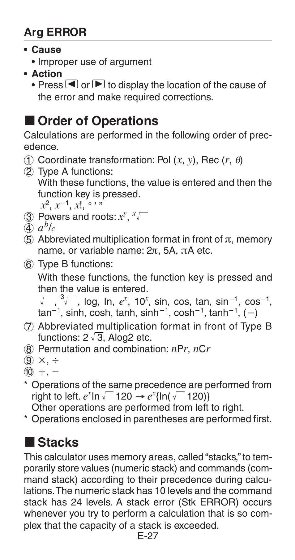 K order of operations, K stacks | Casio fx-85WA User Manual | Page 29 / 36