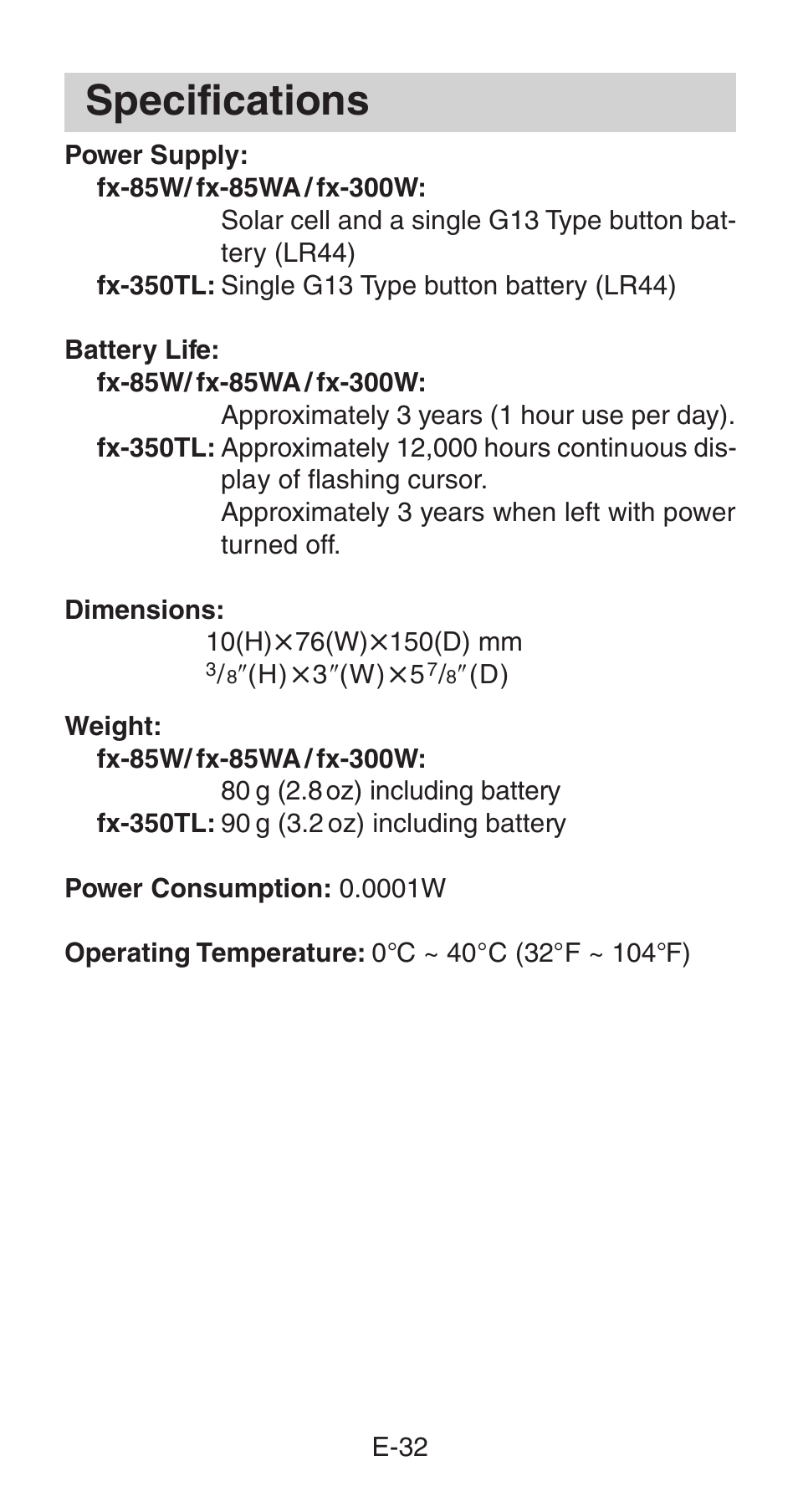 Specifications | Casio fx-85WA User Manual | Page 34 / 36