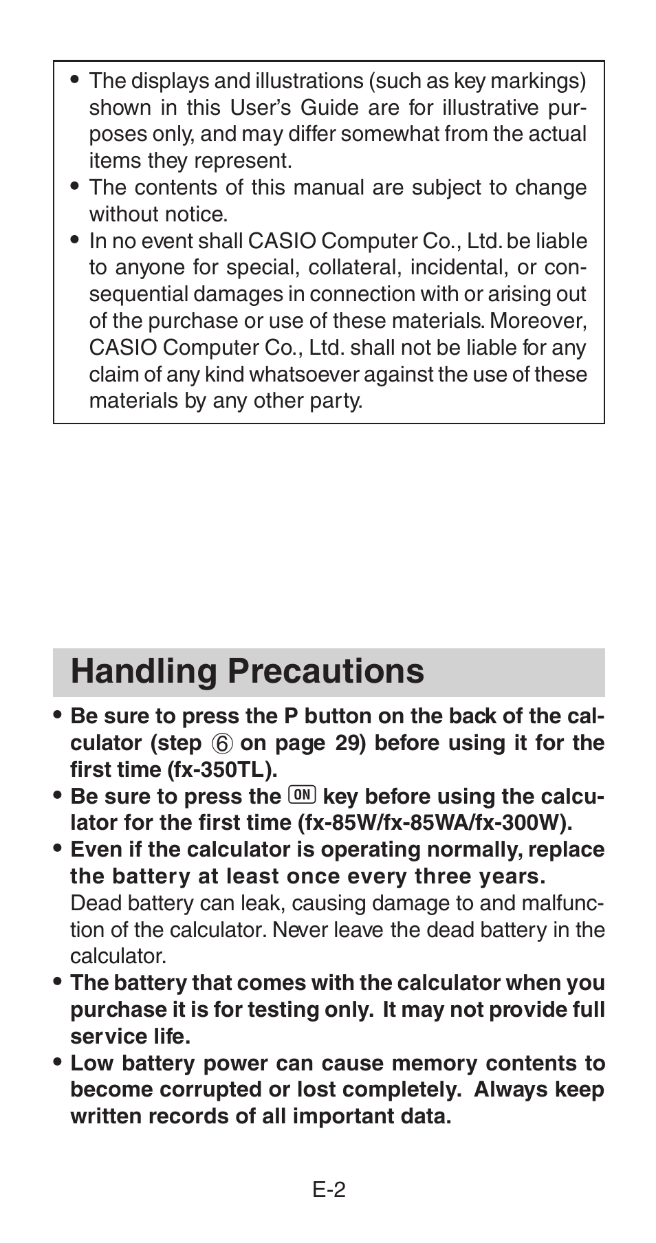 Handling precautions | Casio fx-85WA User Manual | Page 4 / 36