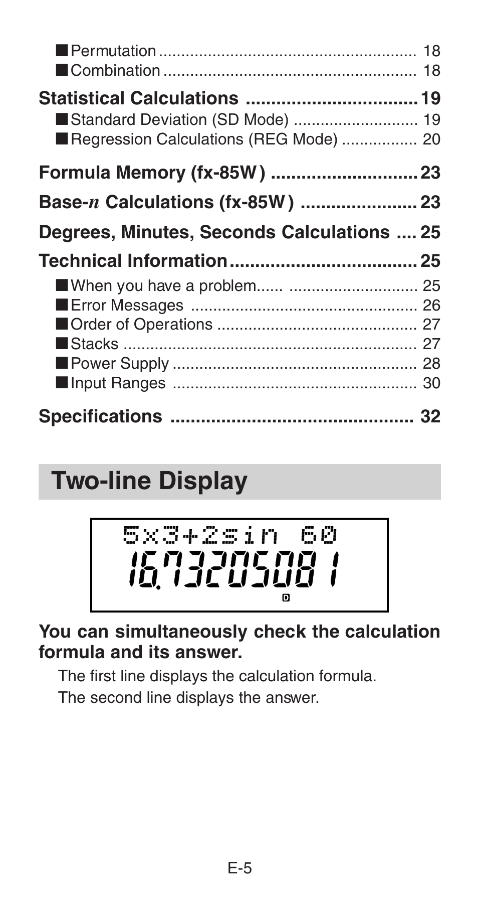 Two-line display | Casio fx-85WA User Manual | Page 7 / 36
