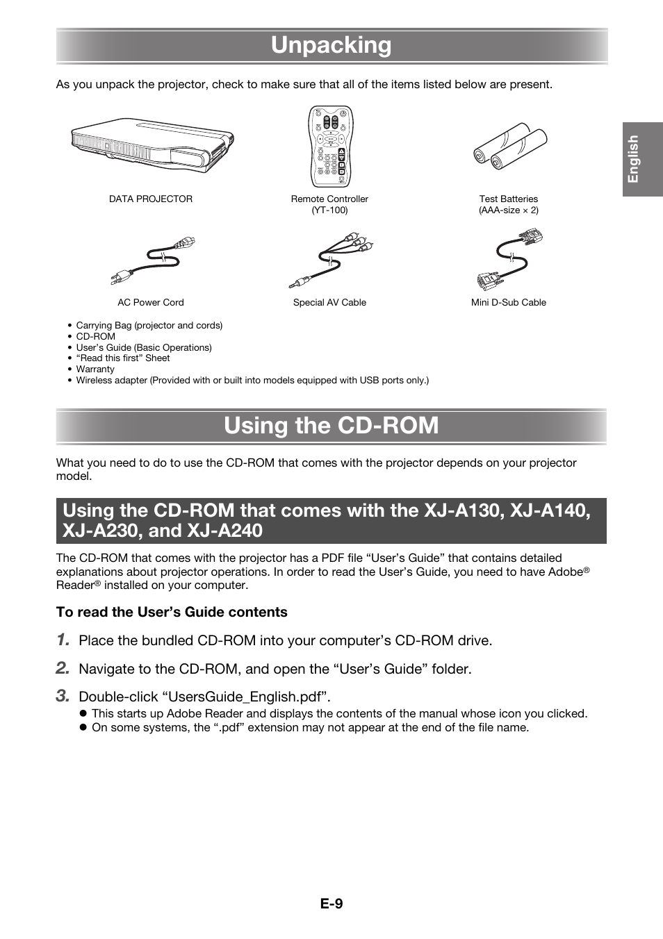 Unpacking, Using the cd-rom | Casio XJ-A230 User Manual | Page 10 / 37