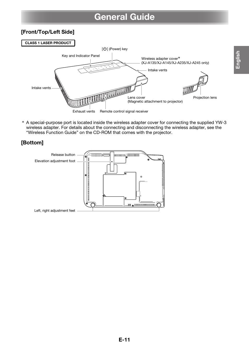 General guide, E-11, Front/top/left side | Bottom | Casio XJ-A230 User Manual | Page 12 / 37