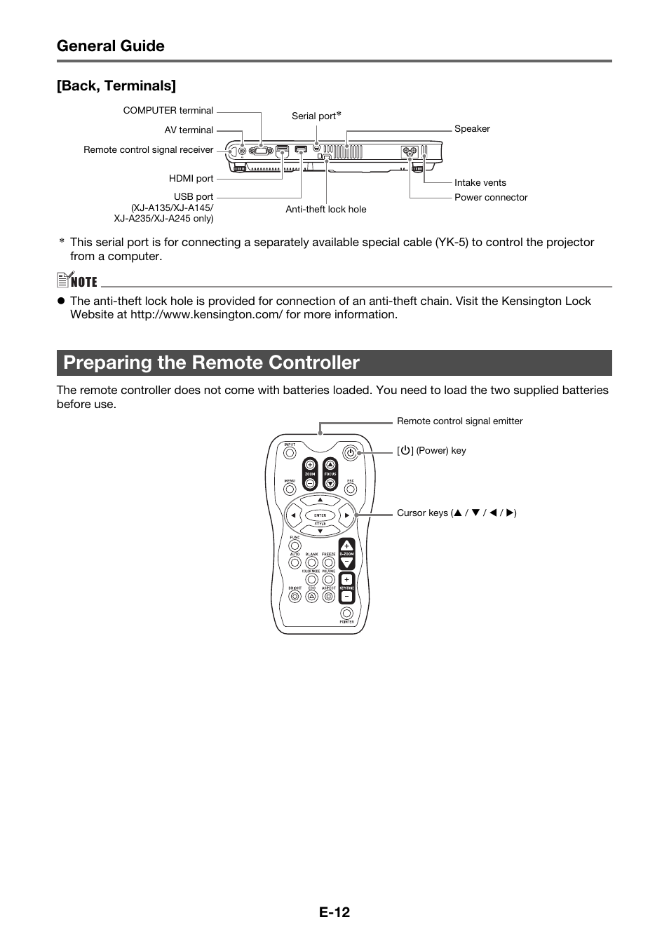 Preparing the remote controller, General guide, E-12 [back, terminals | Casio XJ-A230 User Manual | Page 13 / 37