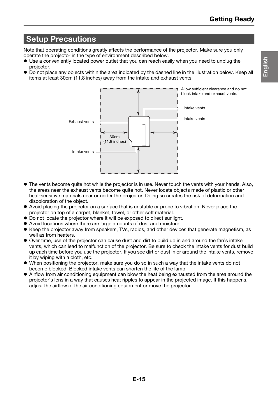 Setup precautions, Getting ready | Casio XJ-A230 User Manual | Page 16 / 37