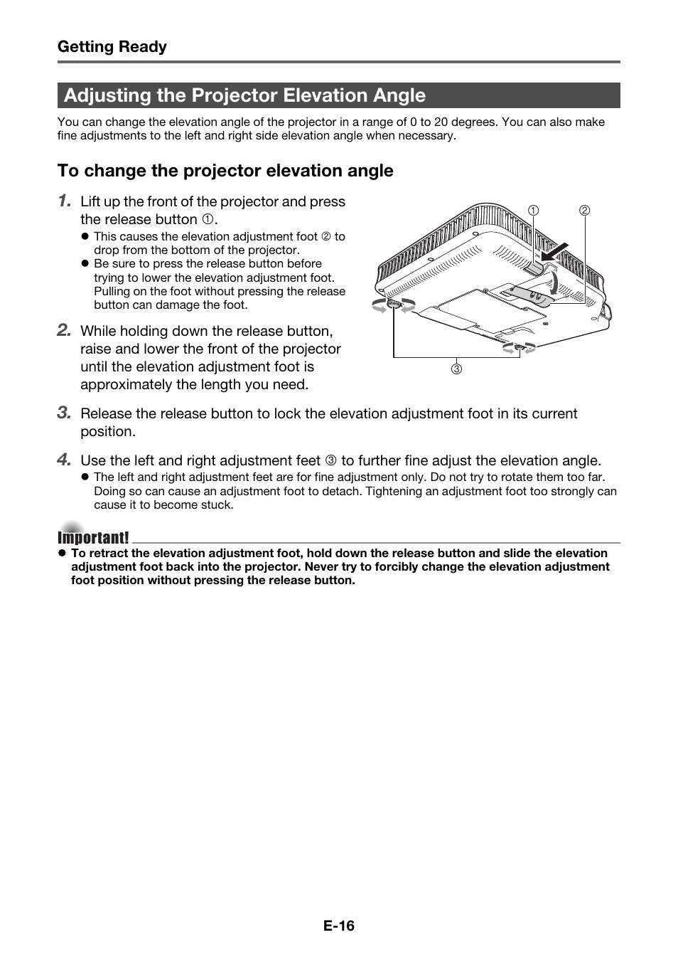 Adjusting the projector elevation angle | Casio XJ-A230 User Manual | Page 17 / 37