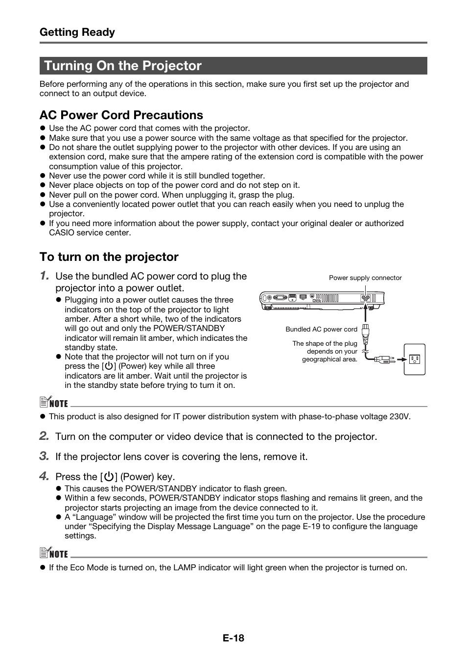 Turning on the projector, Ac power cord precautions, Getting ready | Casio XJ-A230 User Manual | Page 19 / 37