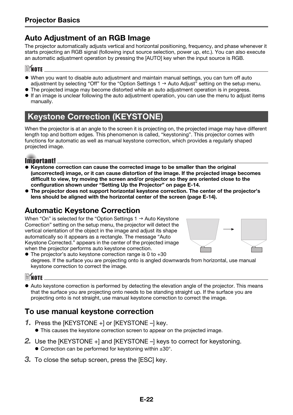 Keystone correction (keystone), Auto adjustment of an rgb image, Automatic keystone correction | Casio XJ-A230 User Manual | Page 23 / 37