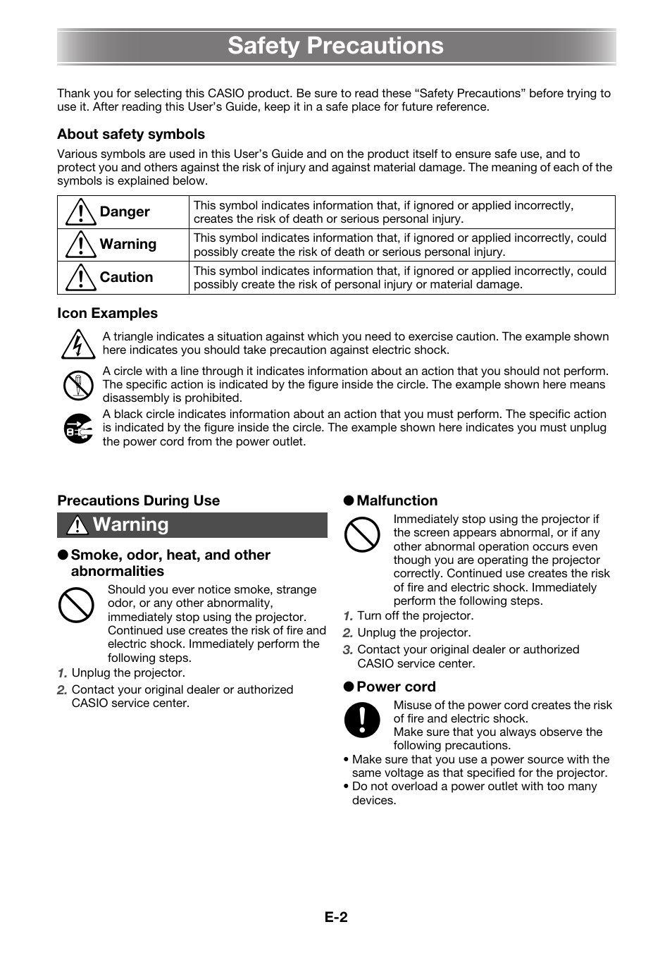 Safety precautions | Casio XJ-A230 User Manual | Page 3 / 37