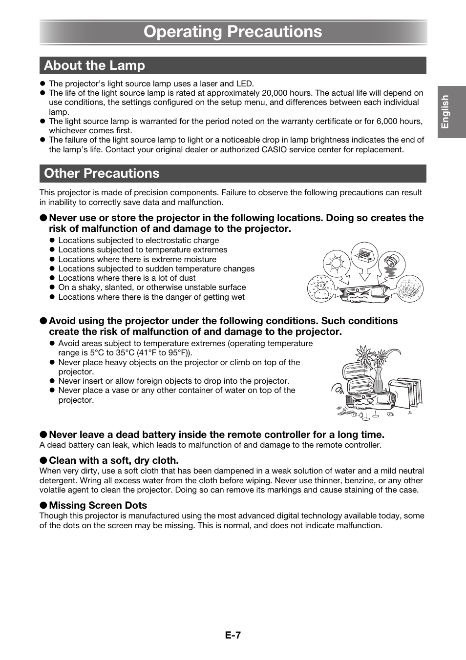 Operating precautions, About the lamp other precautions | Casio XJ-A230 User Manual | Page 8 / 37