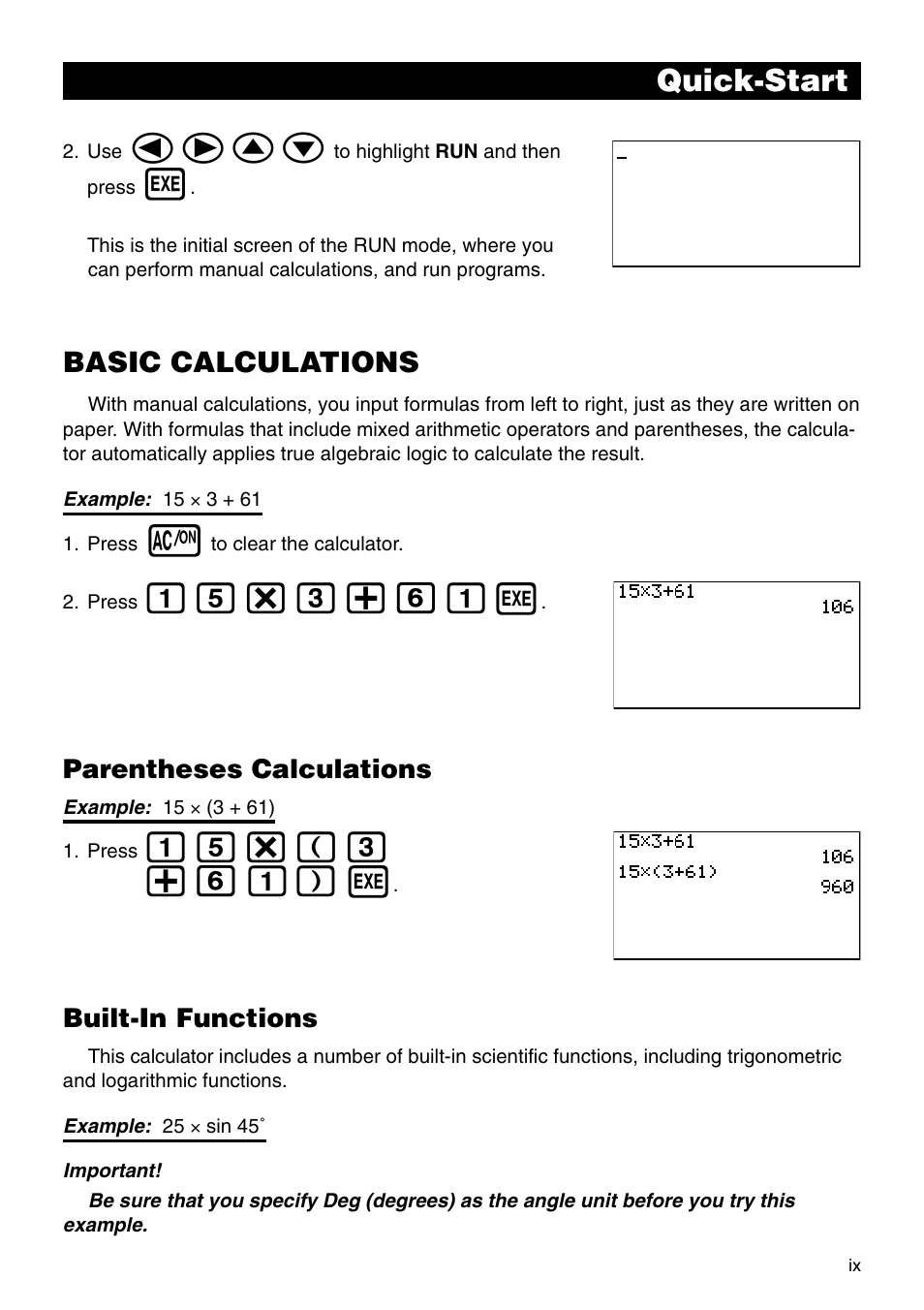 Defc, Bf*d+gb w, Bf*(d +gb) w | Quick-start, Basic calculations | Casio CFX-9950GB PLUS User Manual | Page 11 / 28