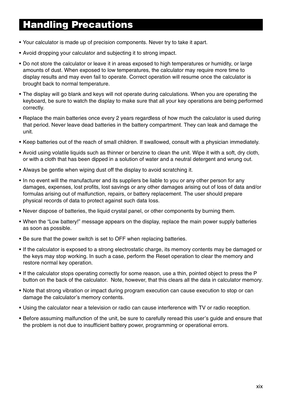 Handling precautions | Casio CFX-9950GB PLUS User Manual | Page 21 / 28