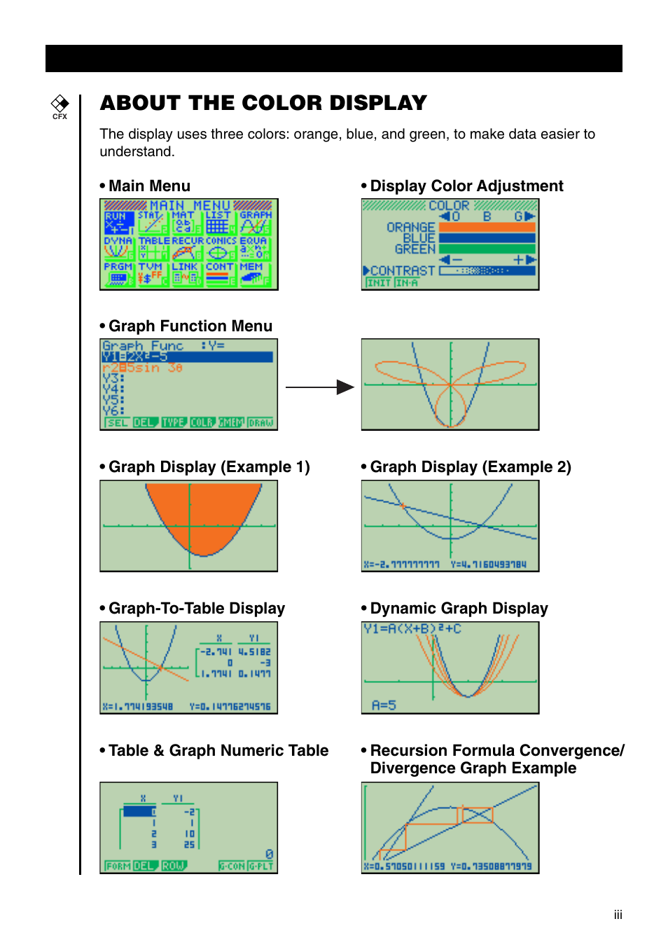 About the color display | Casio CFX-9950GB PLUS User Manual | Page 5 / 28