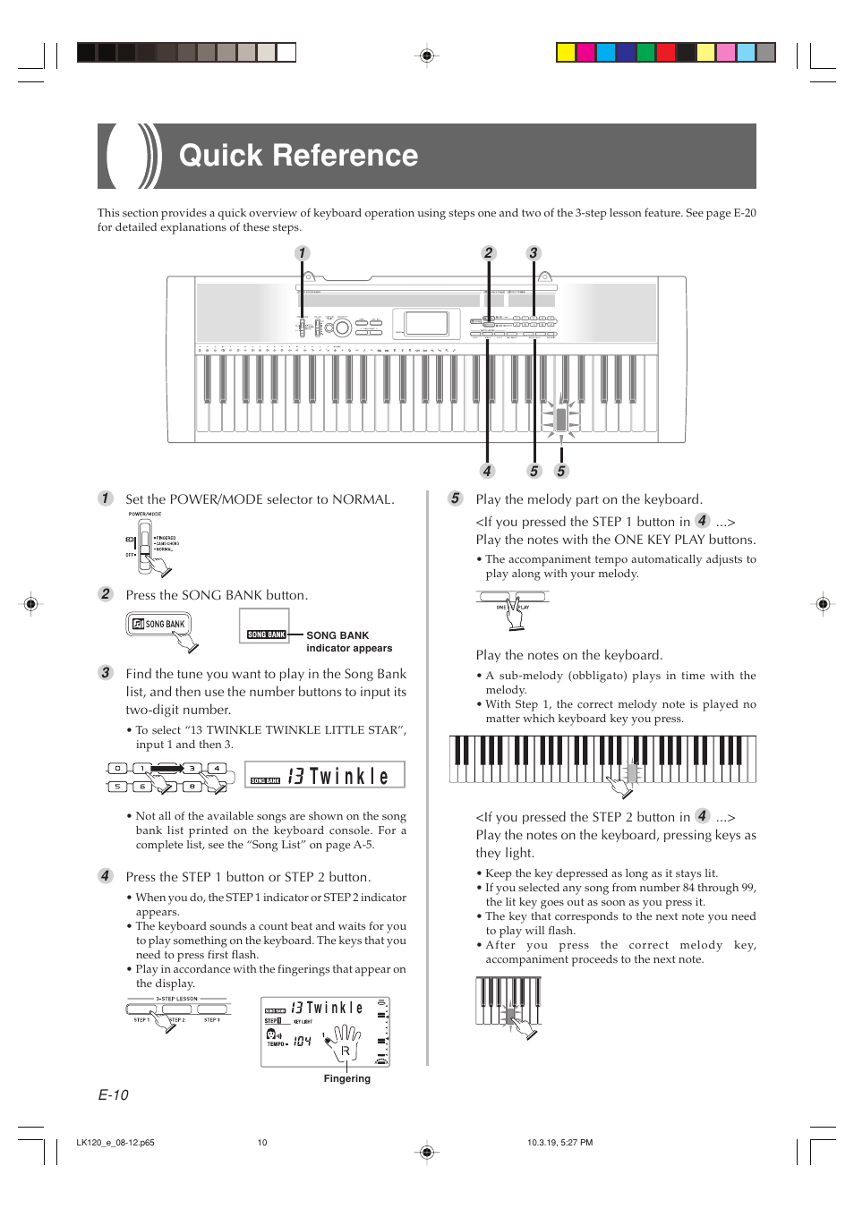 Quick reference | Casio LK125 User Manual | Page 12 / 37