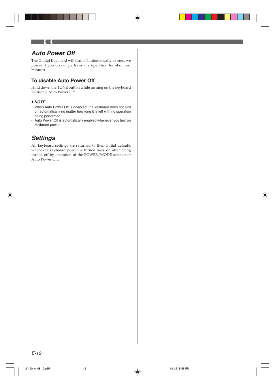 Auto power off, Settings | Casio LK125 User Manual | Page 14 / 37