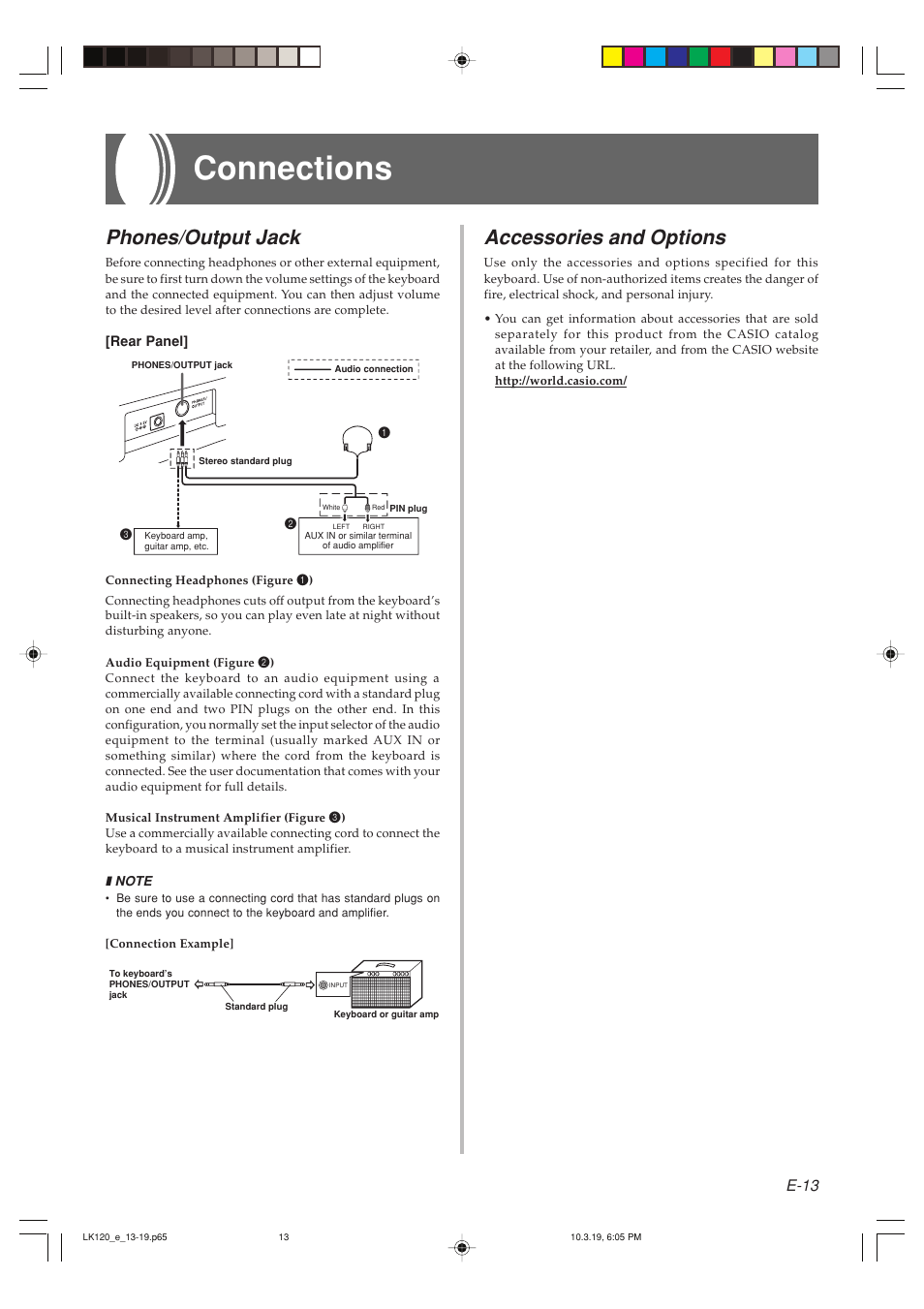 Connections, Phones/output jack, Accessories and options | E-13 | Casio LK125 User Manual | Page 15 / 37