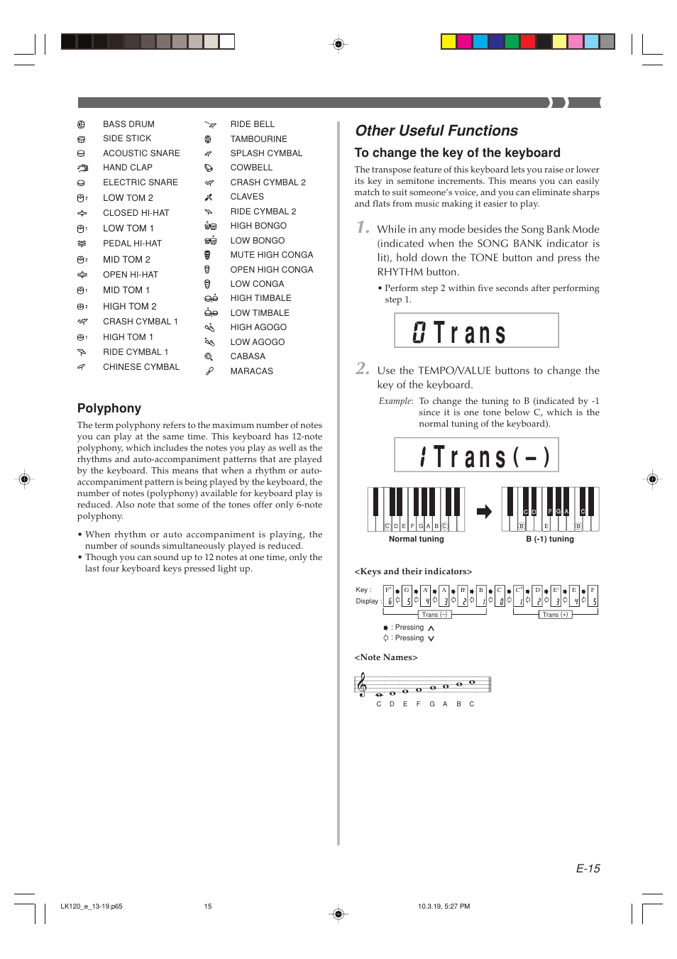 Other useful functions, Polyphony, E-15 | Casio LK125 User Manual | Page 17 / 37