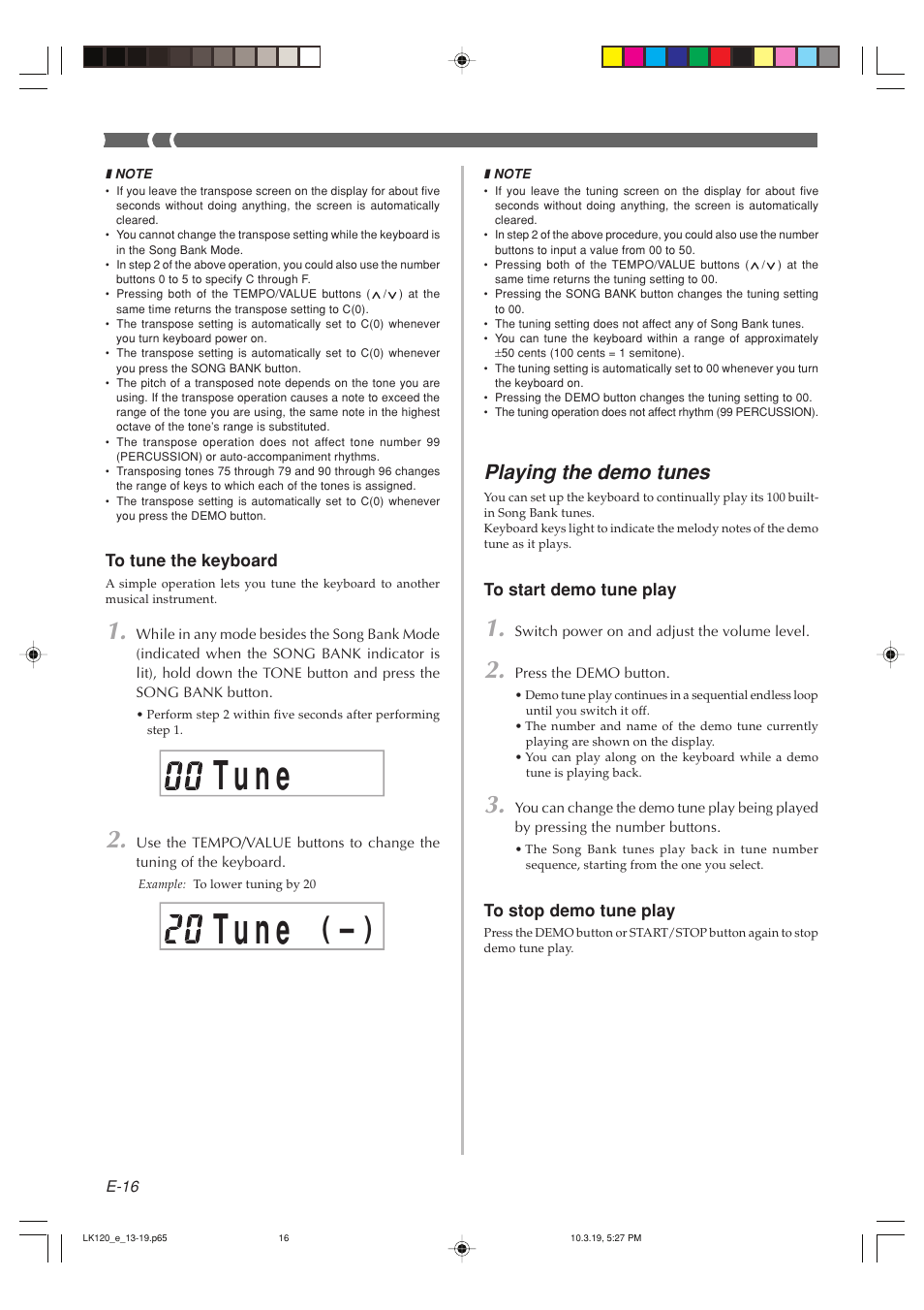 T u n e, Playing the demo tunes | Casio LK125 User Manual | Page 18 / 37