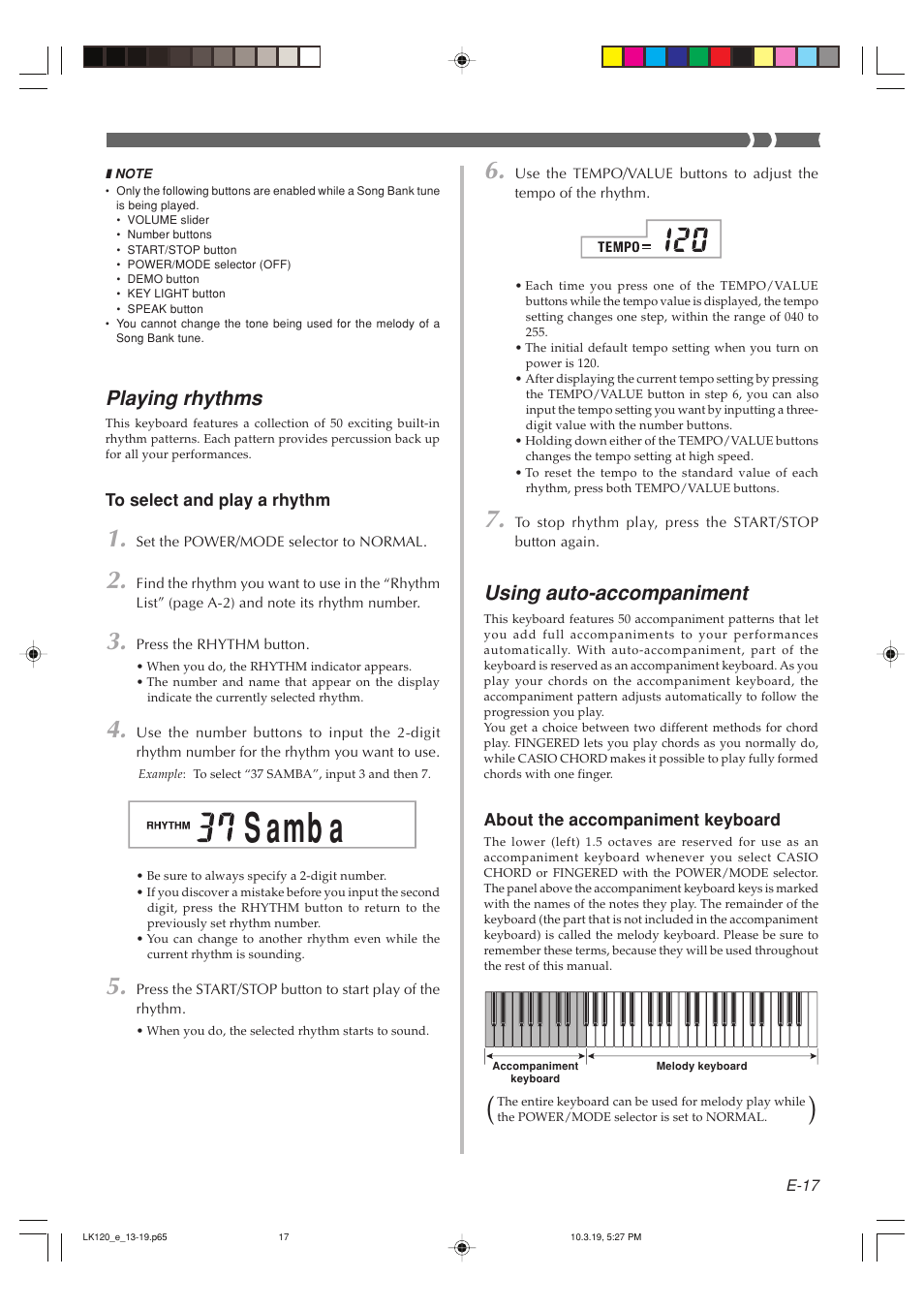 S amb a, Using auto-accompaniment, Playing rhythms | Casio LK125 User Manual | Page 19 / 37