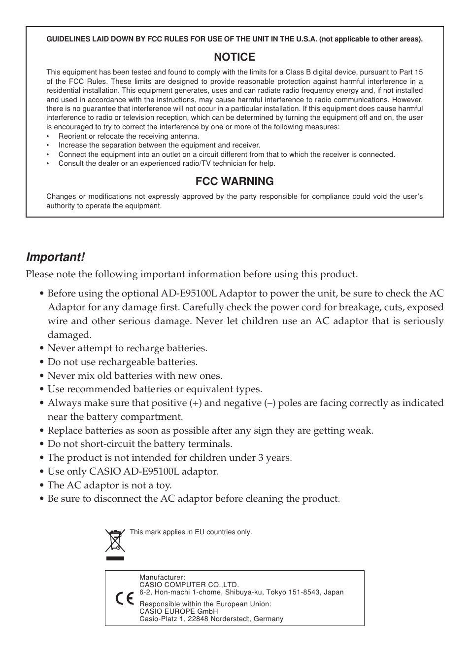 Important, Notice, Fcc warning | Casio LK125 User Manual | Page 2 / 37