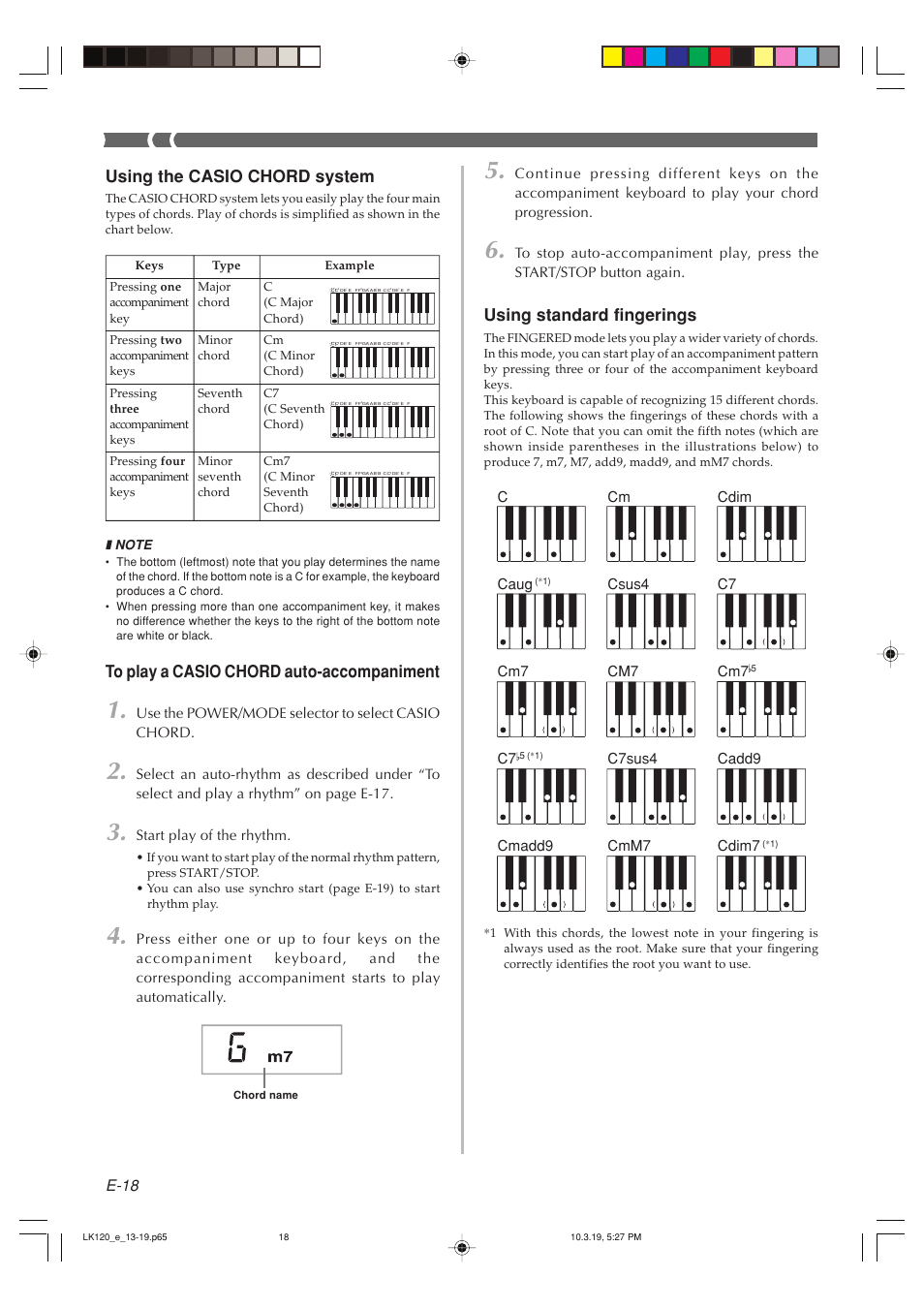 Using standard fingerings, Using the casio chord system, E-18 | Ccaug, Cm7 c7, Cadd9 cdim7, Use the power/mode selector to select casio chord, Start play of the rhythm | Casio LK125 User Manual | Page 20 / 37