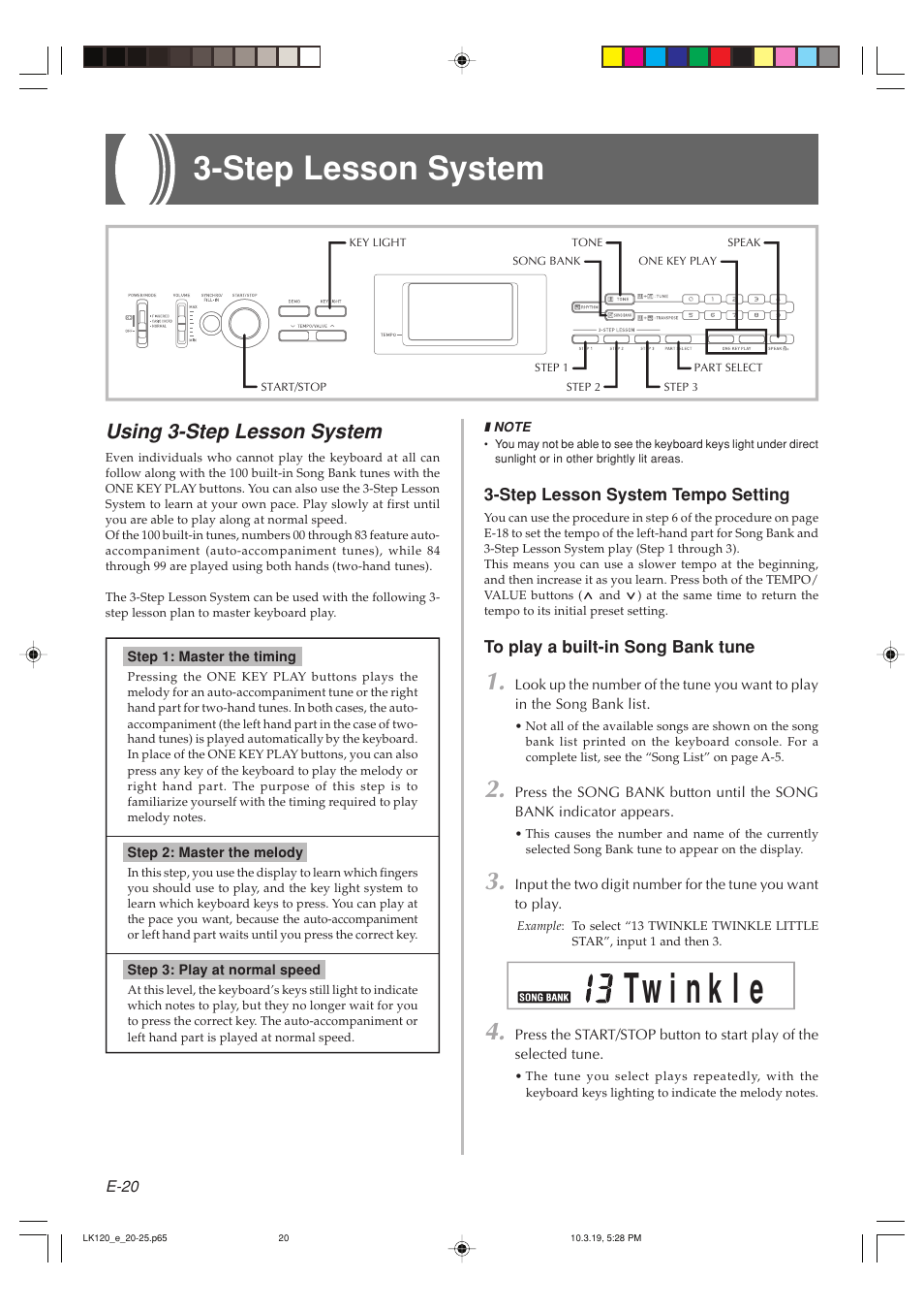 Step lesson system, Using 3-step lesson system | Casio LK125 User Manual | Page 22 / 37