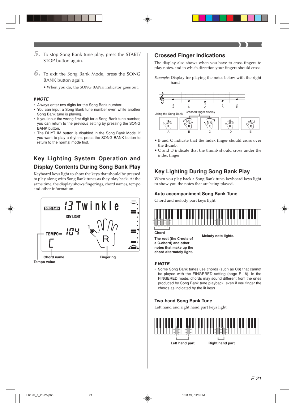 Crossed finger indications, Key lighting during song bank play | Casio LK125 User Manual | Page 23 / 37