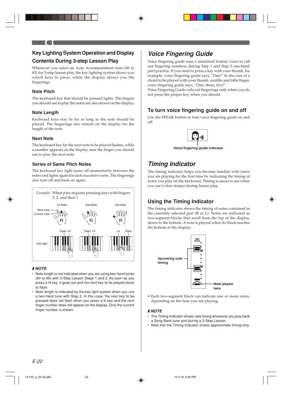 Voice fingering guide, Timing indicator, Using the timing indicator | E-22 | Casio LK125 User Manual | Page 24 / 37