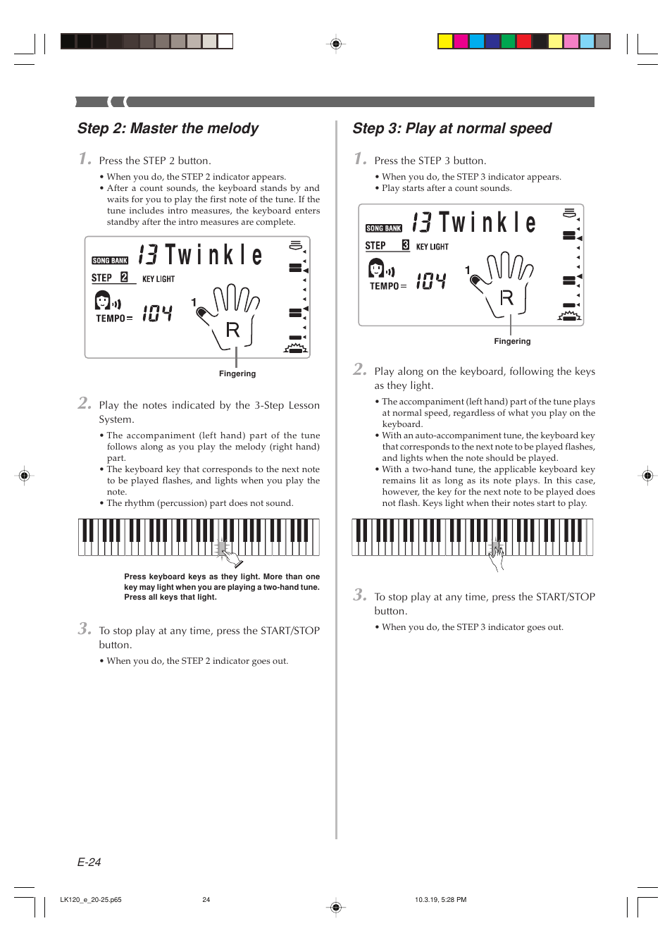 Step 3: play at normal speed, Step 2: master the melody | Casio LK125 User Manual | Page 26 / 37