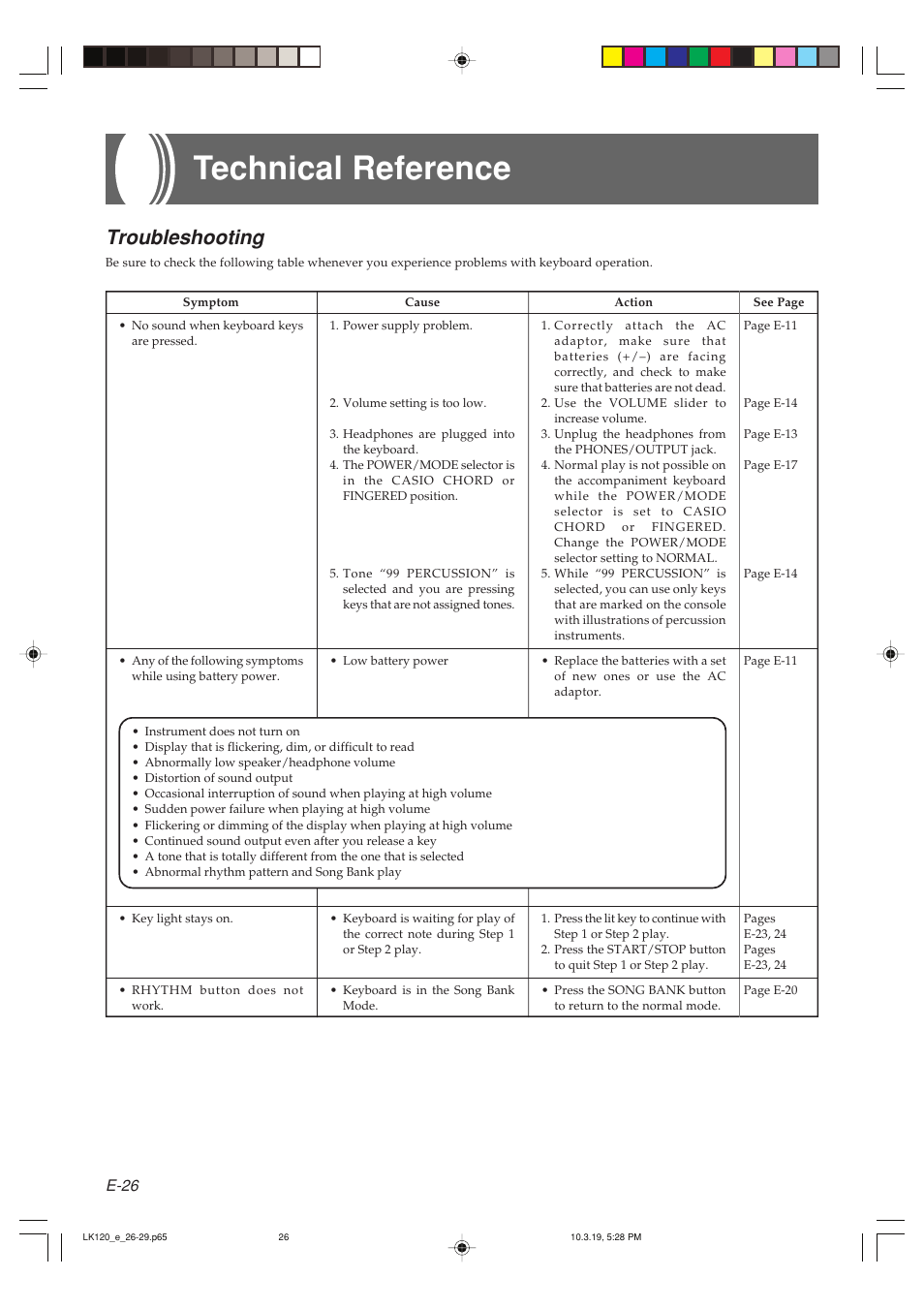 Technical reference, Troubleshooting, E-26 | Casio LK125 User Manual | Page 28 / 37