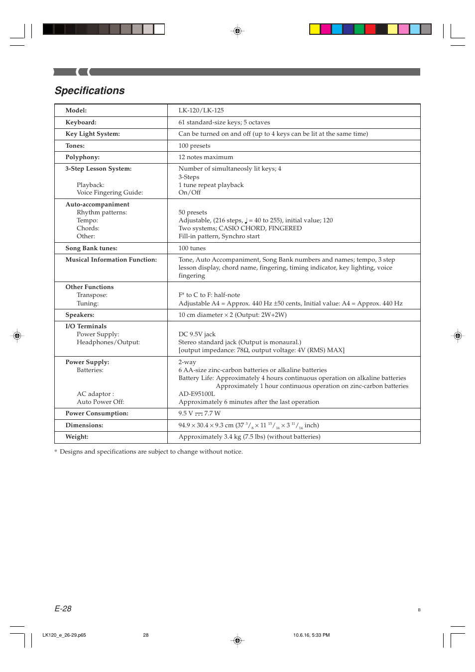 Specifications, E-28 | Casio LK125 User Manual | Page 30 / 37