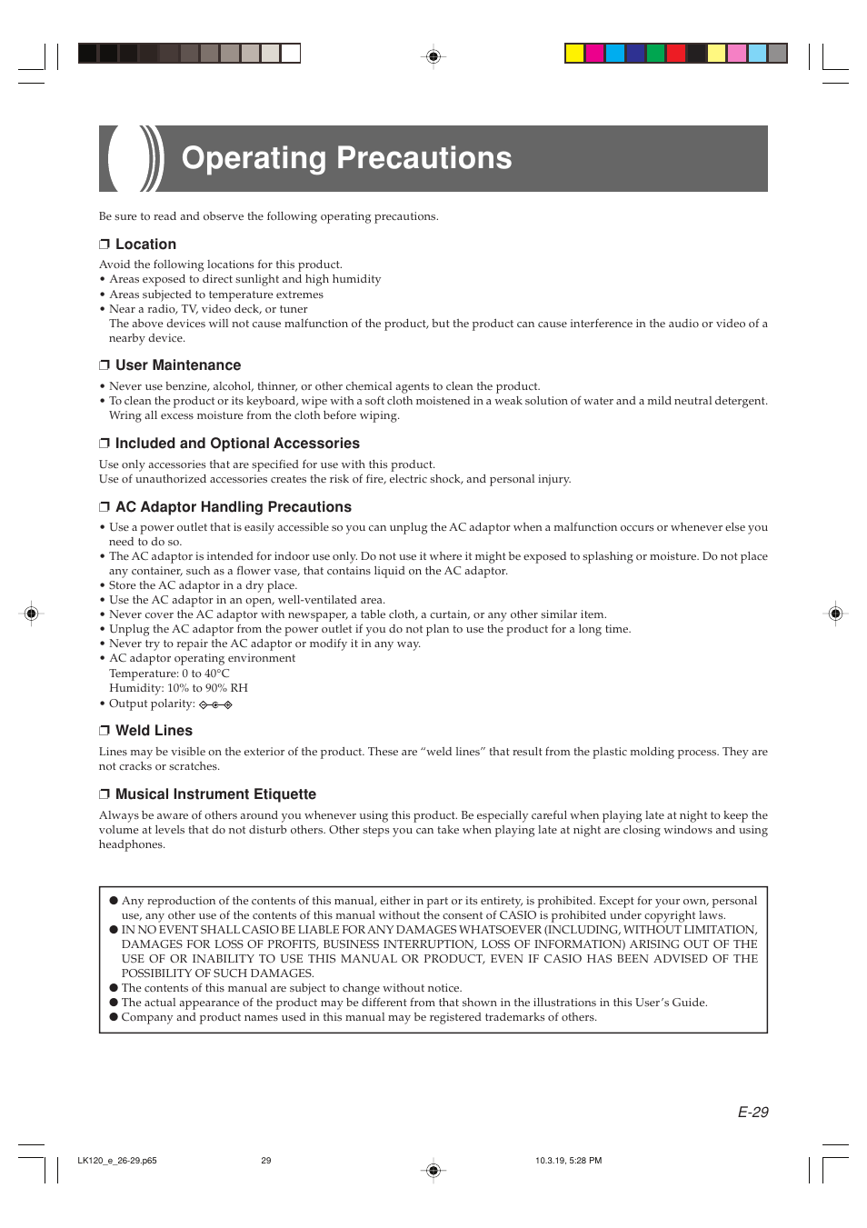 Operating precautions | Casio LK125 User Manual | Page 31 / 37