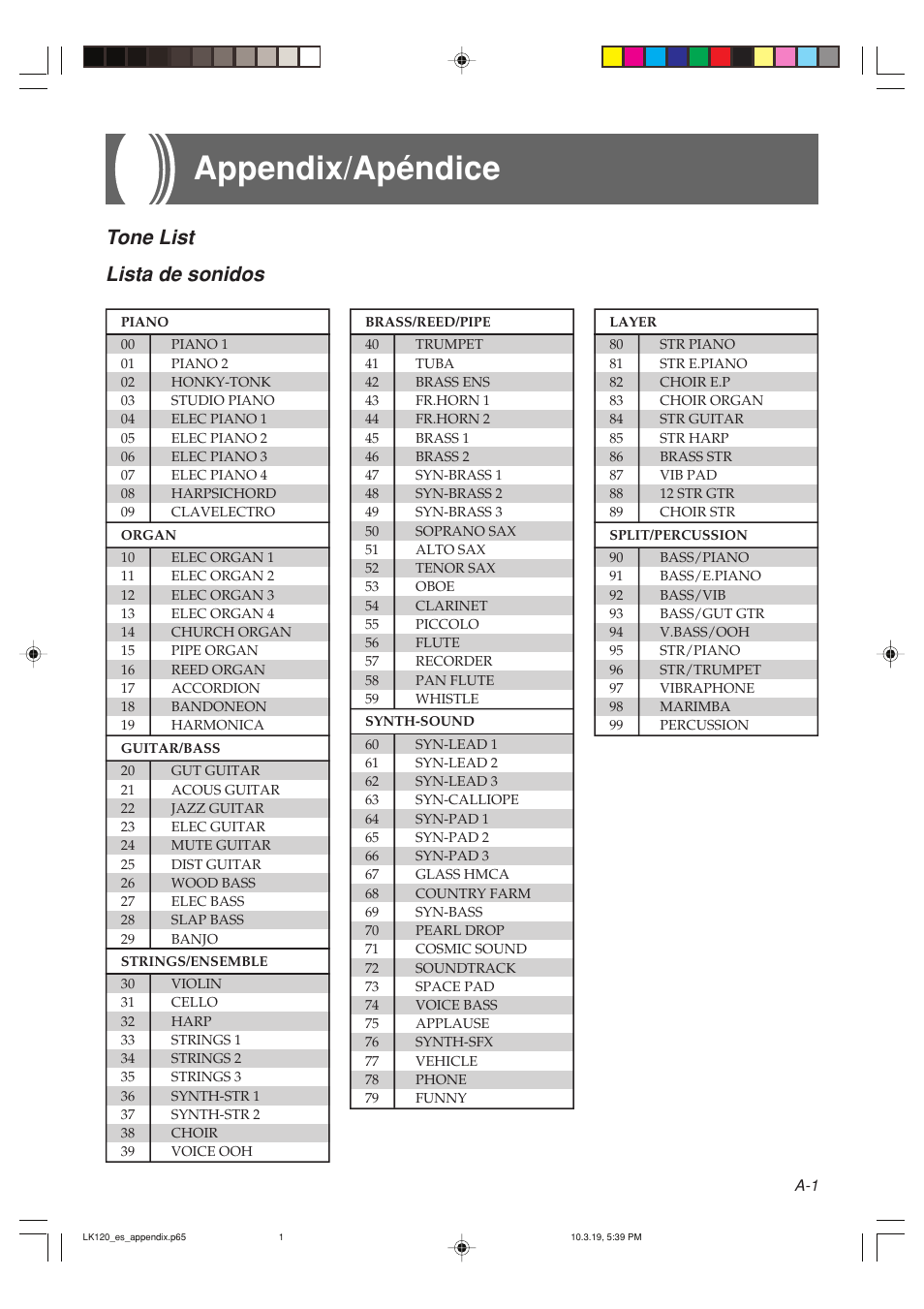 Appendix/apéndice, Tone list lista de sonidos | Casio LK125 User Manual | Page 32 / 37