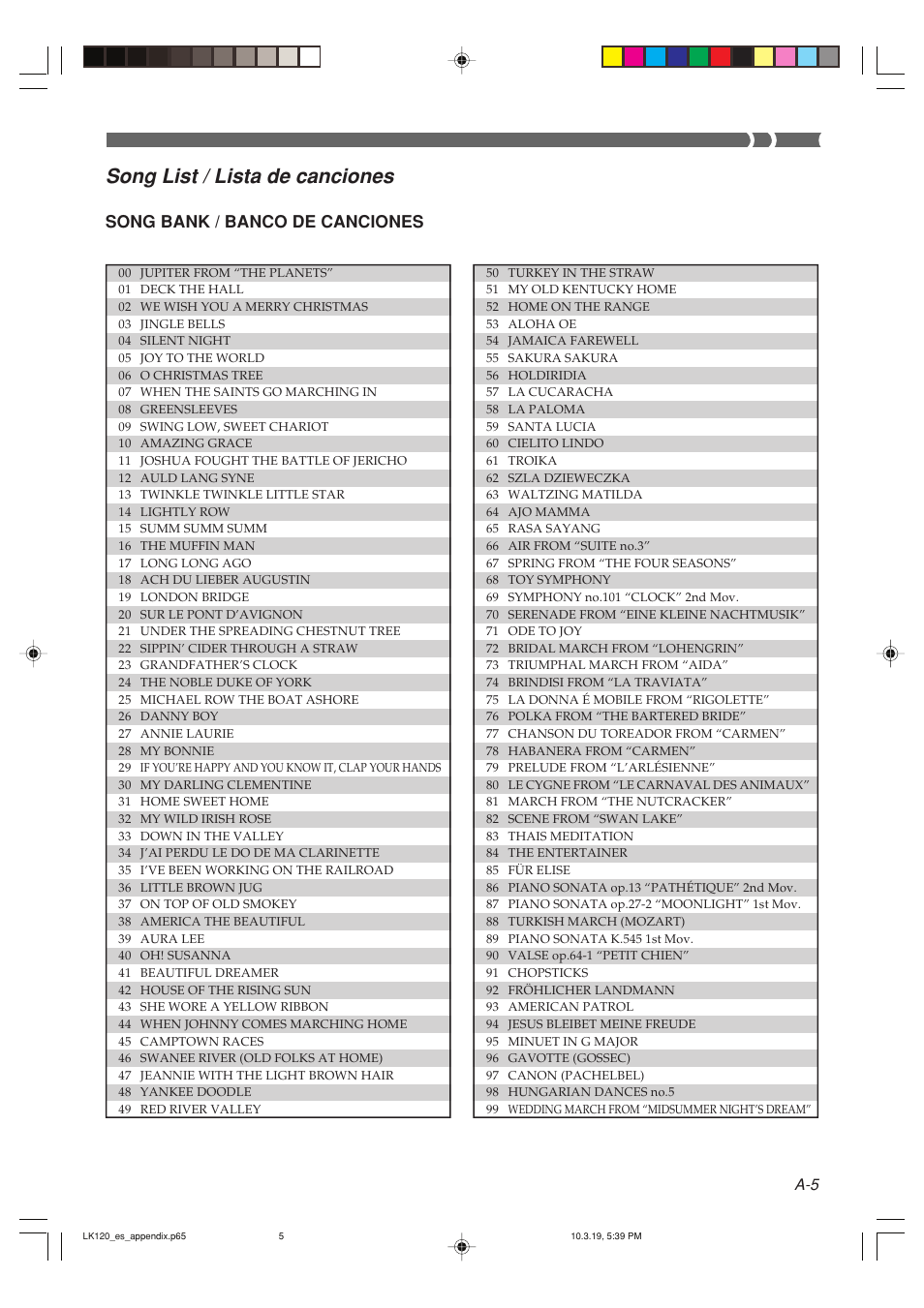 Song list / lista de canciones, Song bank / banco de canciones | Casio LK125 User Manual | Page 36 / 37