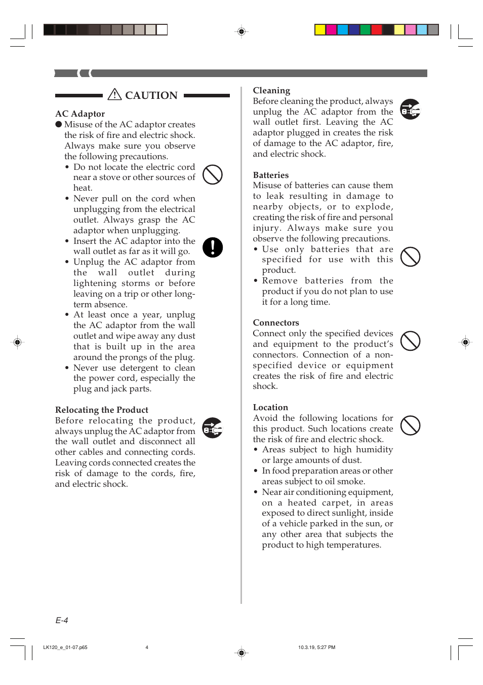 Caution | Casio LK125 User Manual | Page 6 / 37