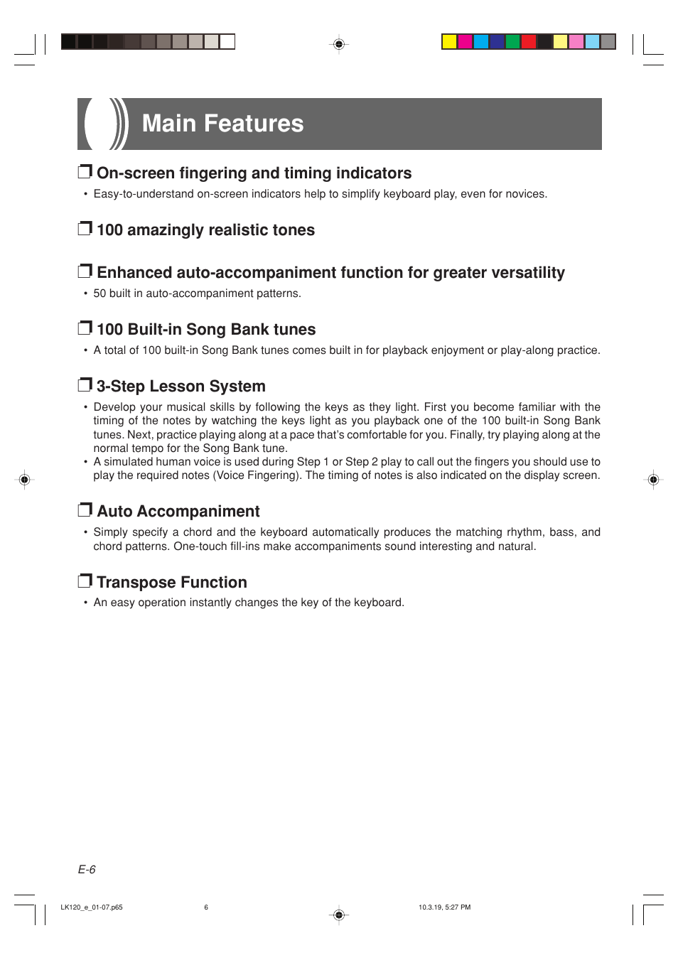 Main features | Casio LK125 User Manual | Page 8 / 37