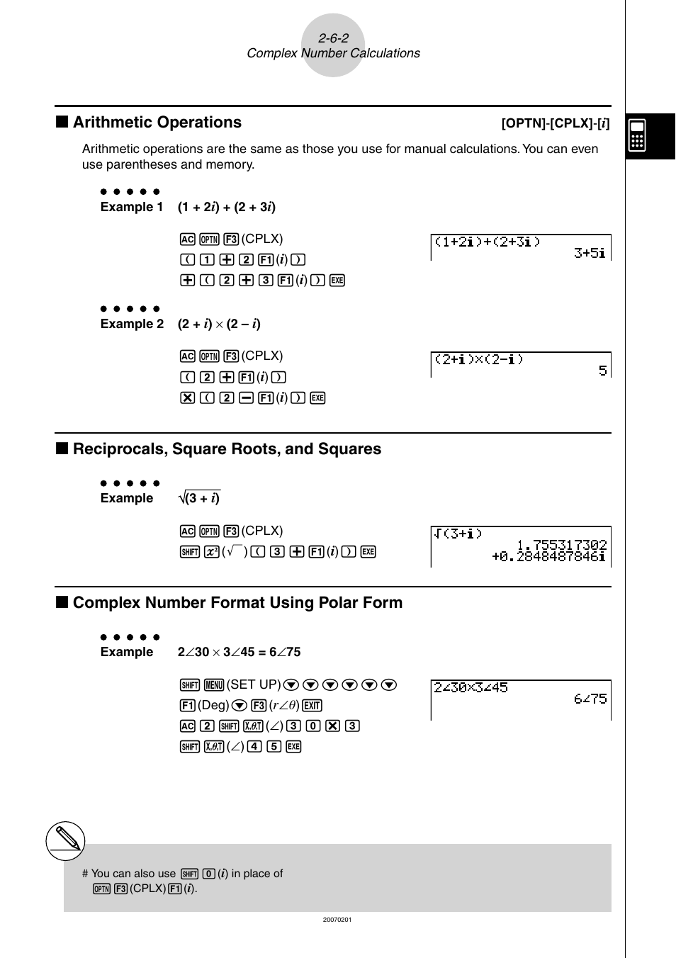 K arithmetic operations, K reciprocals, square roots, and squares, K complex number format using polar form | Casio SERIES FX-9860G User Manual | Page 112 / 603