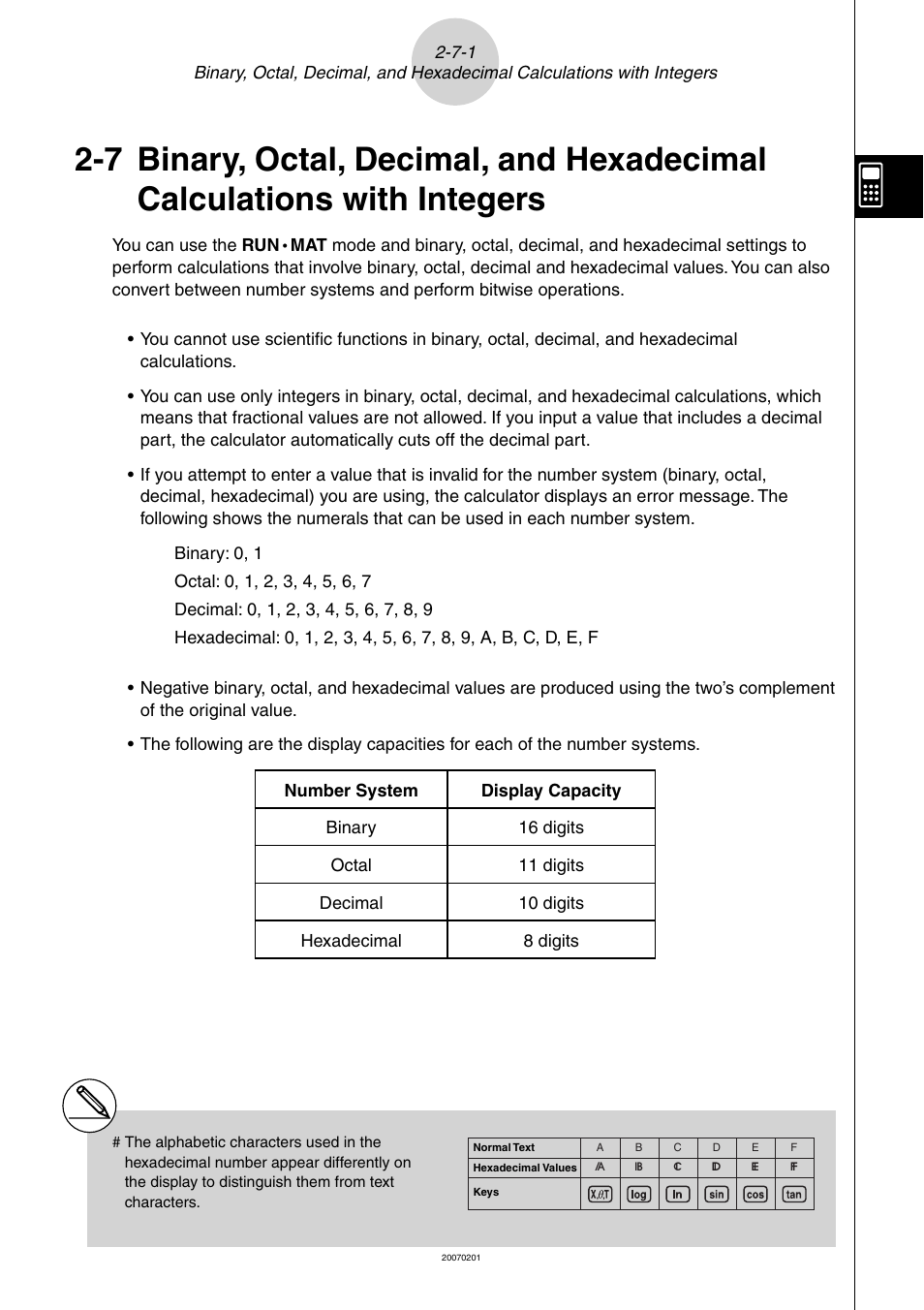 With, Integers, 7 binary, octal, decimal, and hexadecimal | Calculations with integers | Casio SERIES FX-9860G User Manual | Page 116 / 603