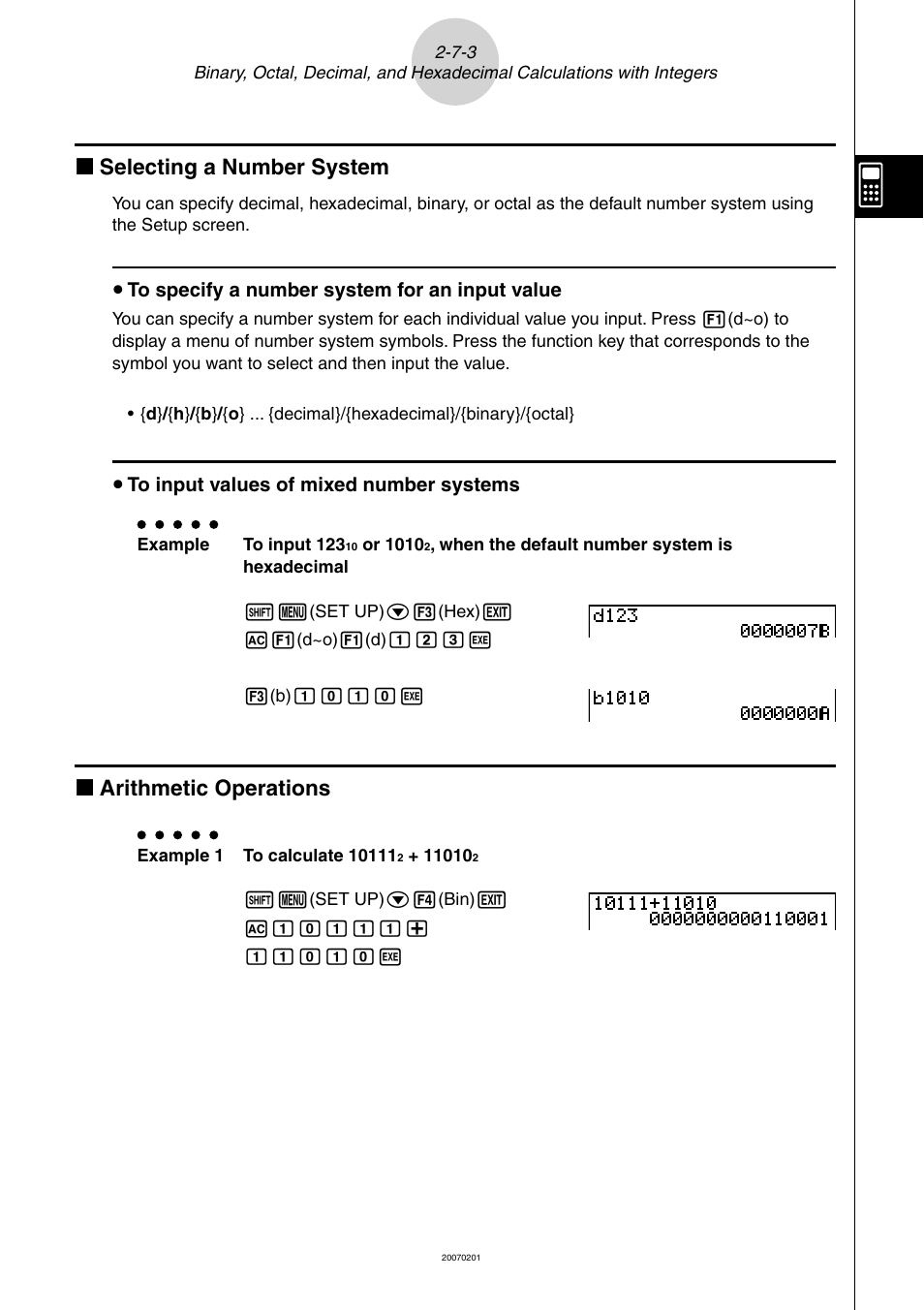 K selecting a number system, K arithmetic operations | Casio SERIES FX-9860G User Manual | Page 118 / 603