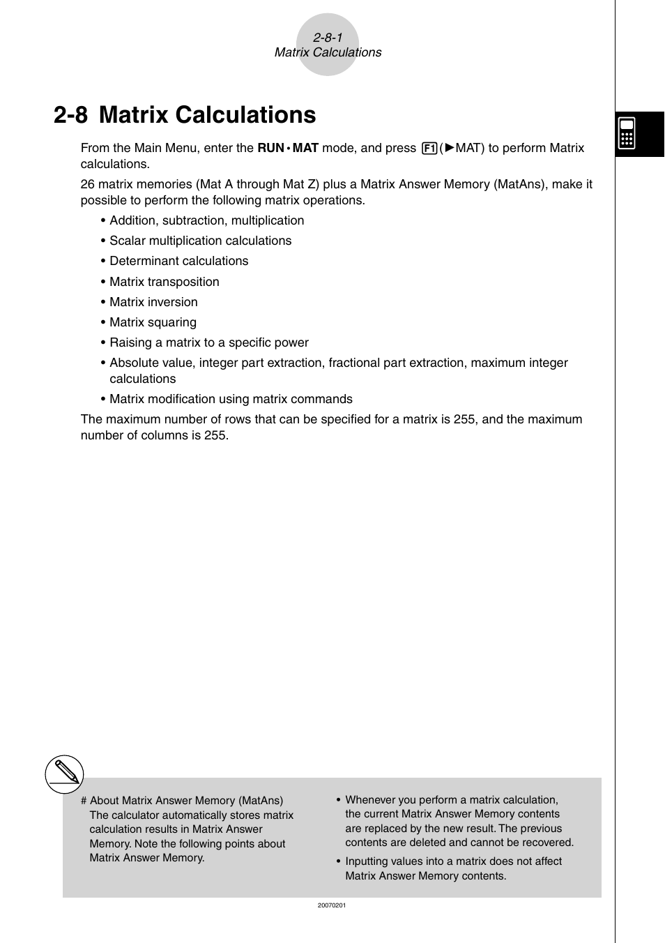 8 matrix calculations, Matrix, Calculations | 8 matrix | Casio SERIES FX-9860G User Manual | Page 121 / 603